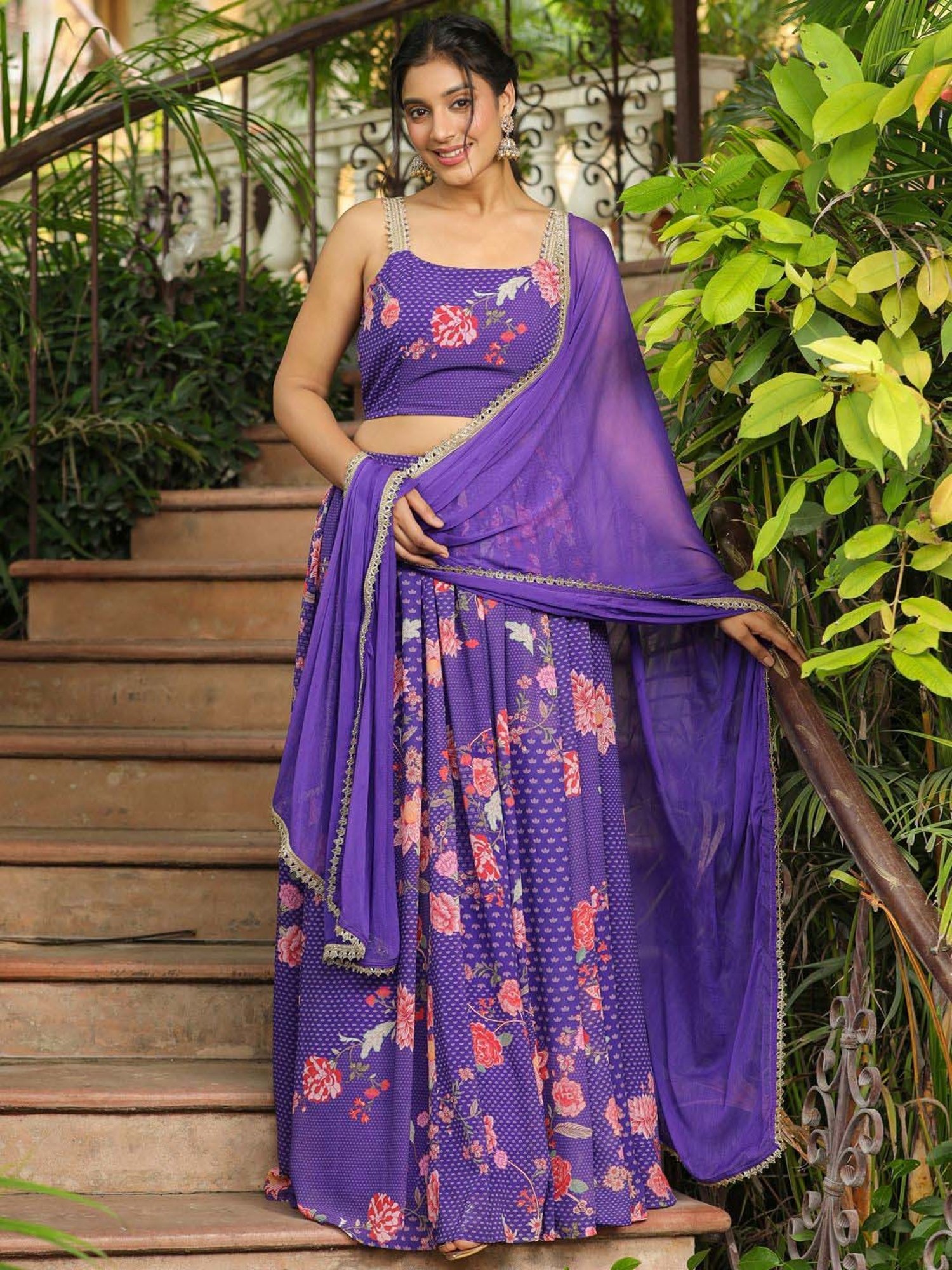 Janasya Purple Printed Lehenga Choli Set With Dupatta