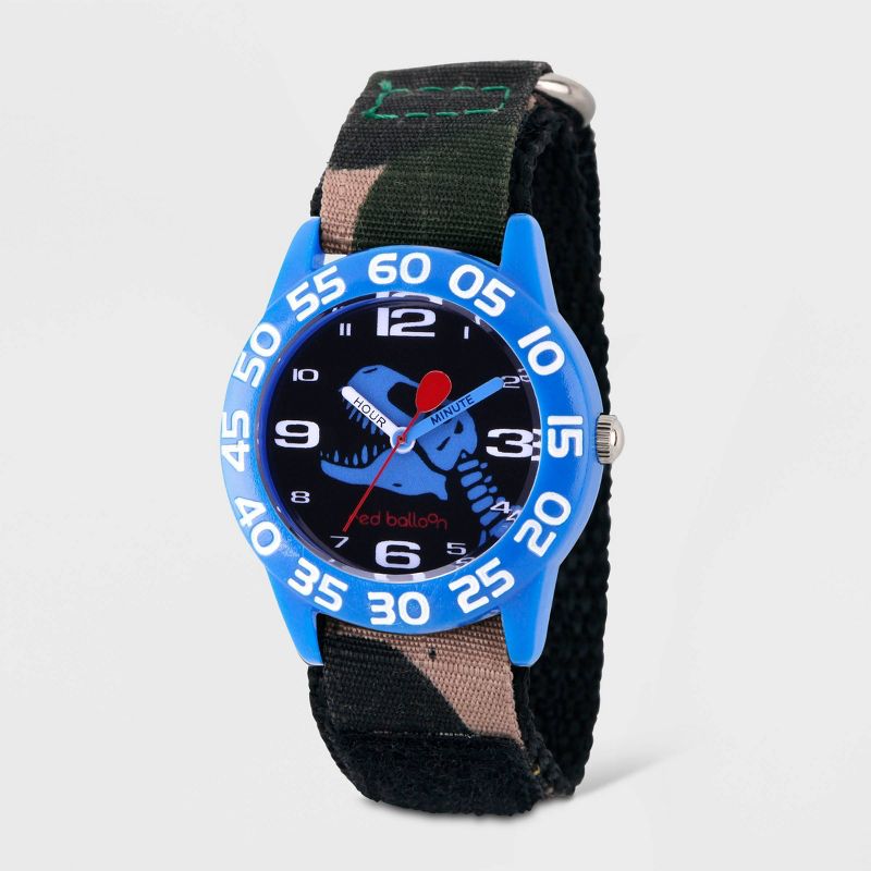 Kids' Red Balloon Dinosaur Time Teacher Hook and Loop Strap Watch - Black