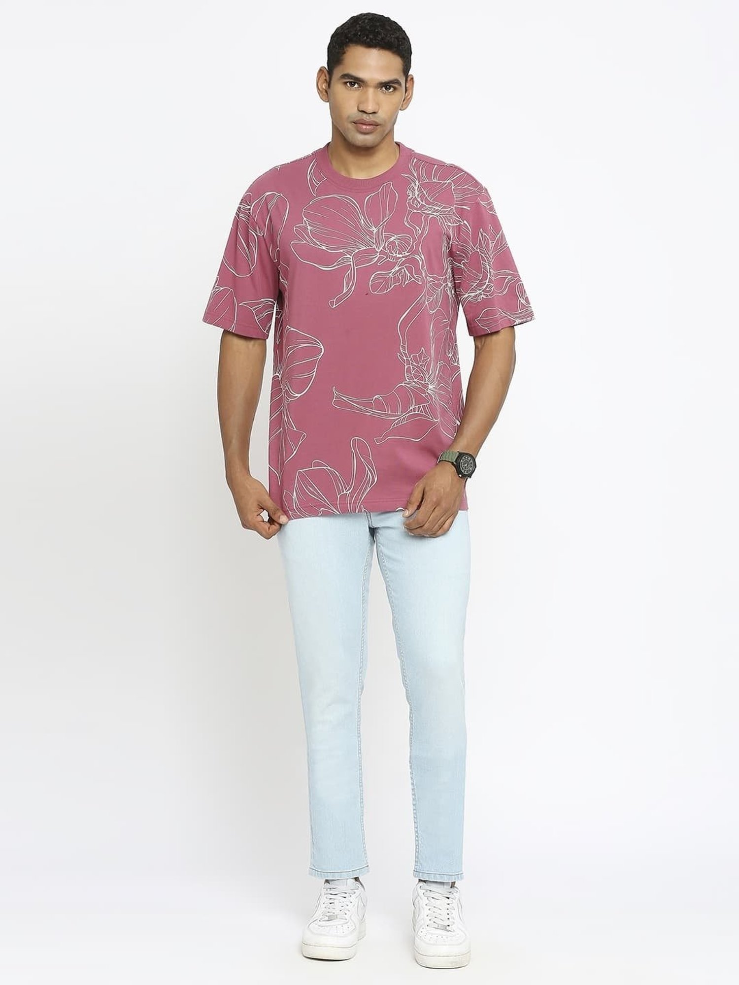 Basics Maroon Cotton Relaxed Fit Printed T-Shirt