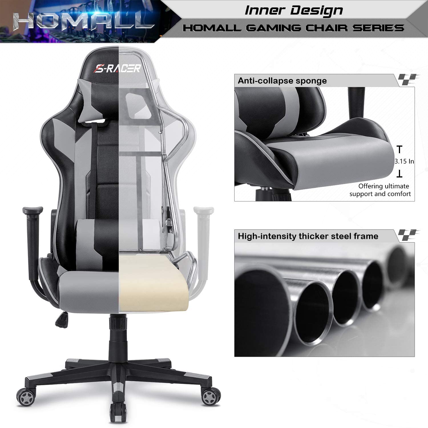 Homall Gaming Chair Office Chair High Back Computer Chair PU Leather Desk Chair Racing Executive Ergonomic Swivel Task Chair, Seat Height Adjustable, with Headrest and Lumbar Support (Blue)