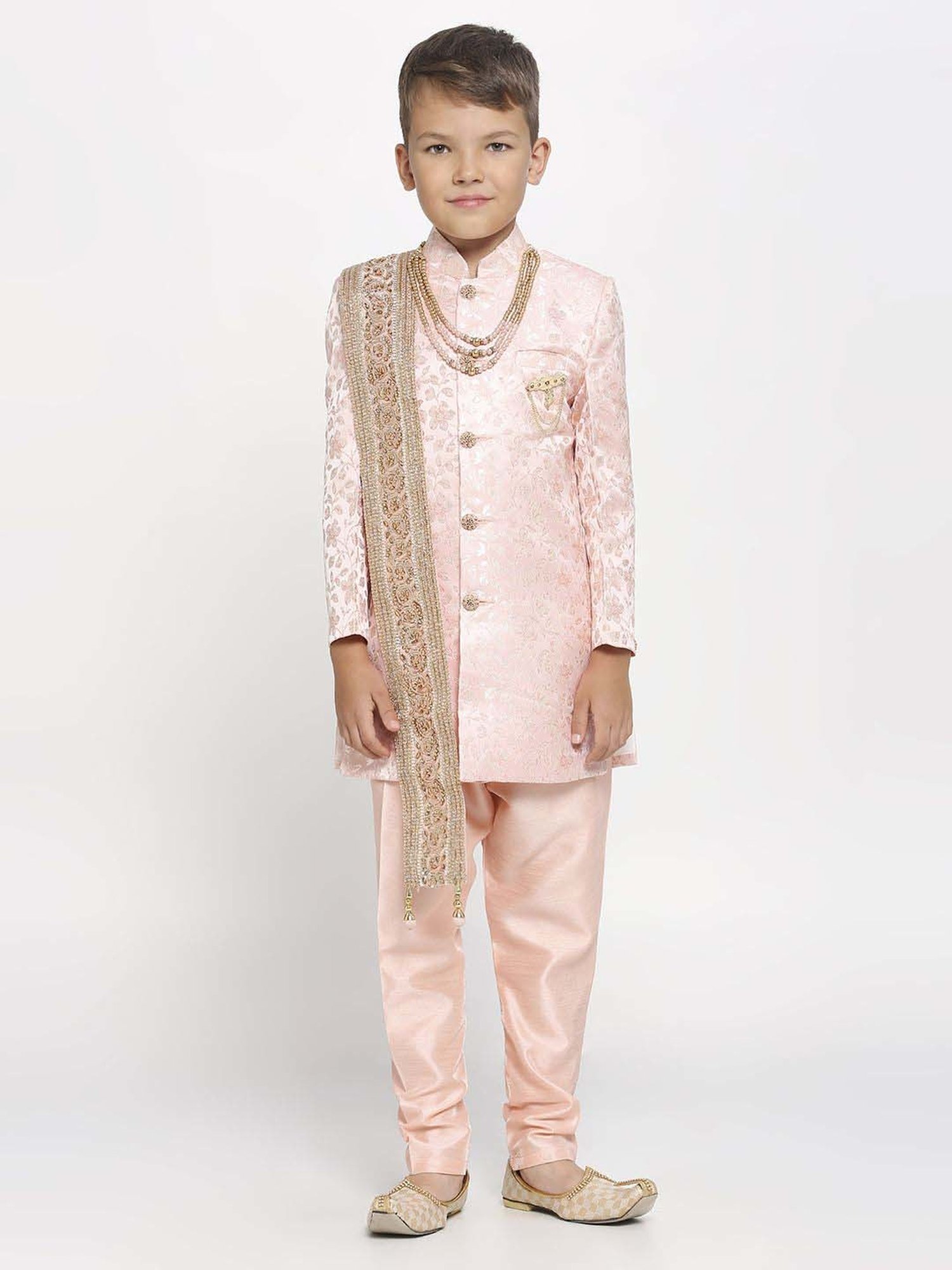 Kids Island Boys Pink Jaquard Full Sleeves Indowestern Set