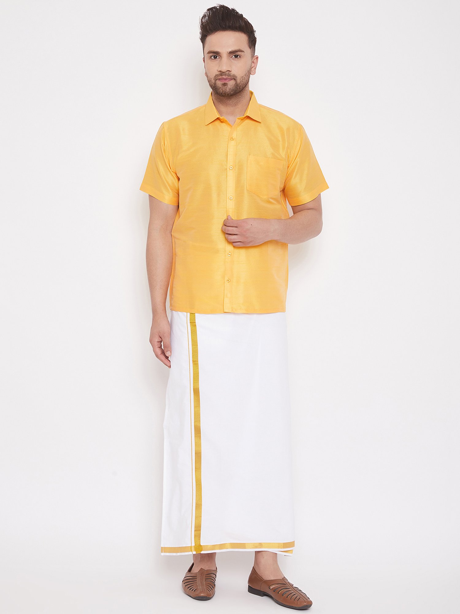 VASTRAMAY Yellow Straight Fit Self Pattern Shirt