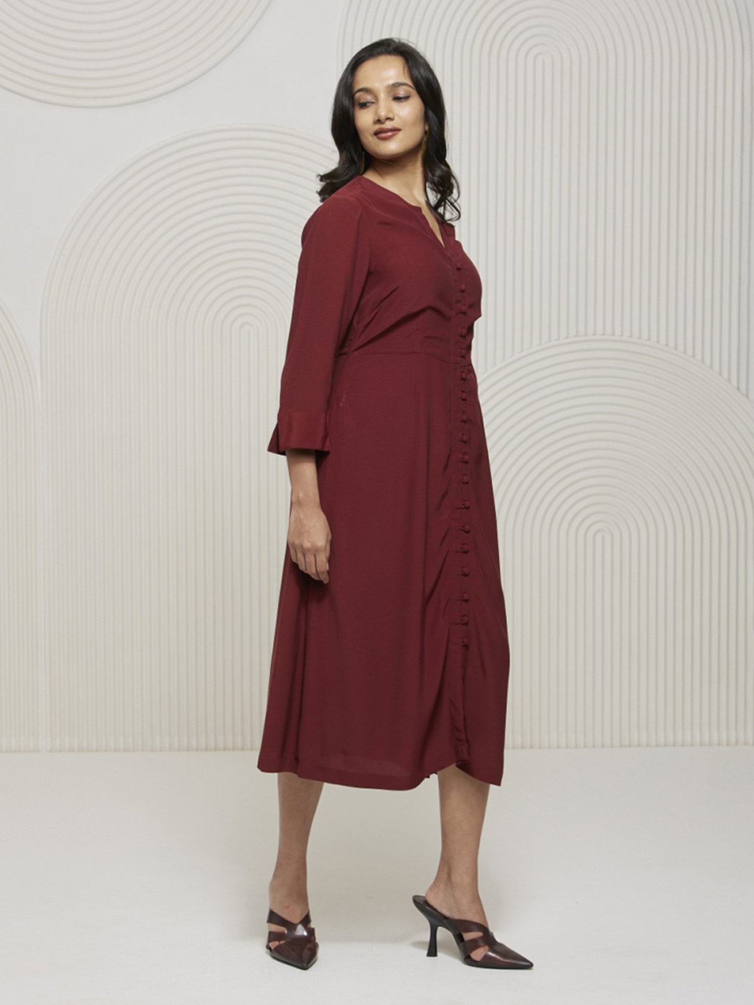 Artagai Tawny Port Elevated Basics Fit and Flare with Front Buttons Dress