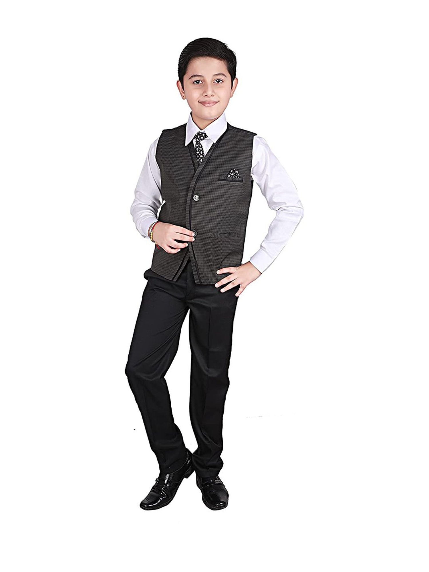 Pro-Ethic Style Developer Kids Black & White Solid Full Sleeves Shirt, Waistcoat, Pants with Tie