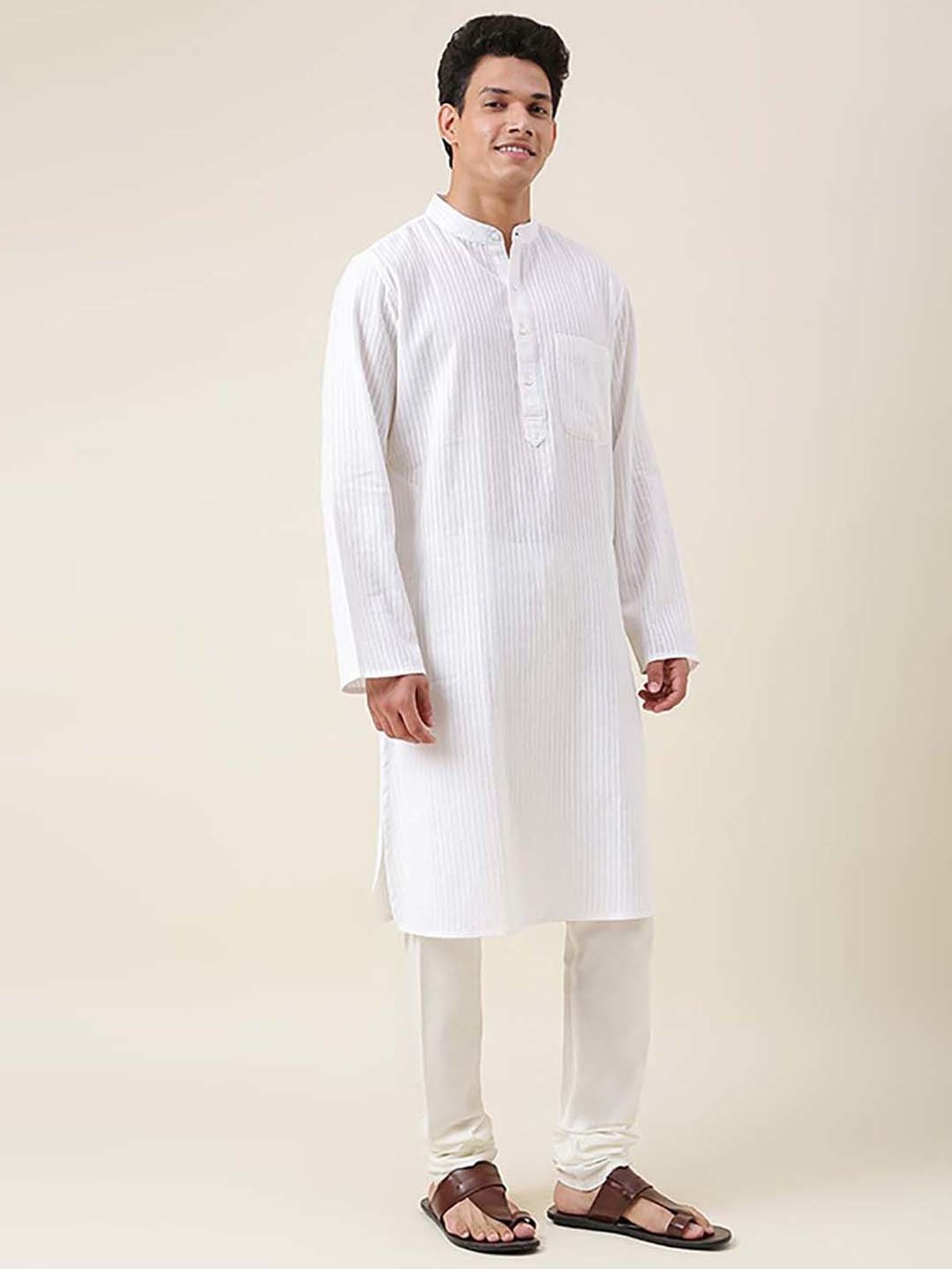 Fabindia White Cotton Regular Fit Striped Kurta