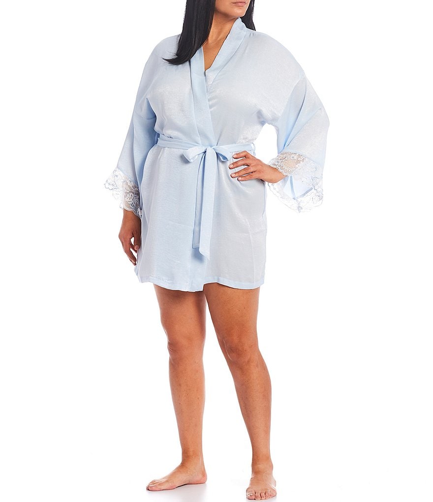 In Bloom by Jonquil Plus Size Cross-Dye Lace & Shimmer Satin Short Wrap Robe