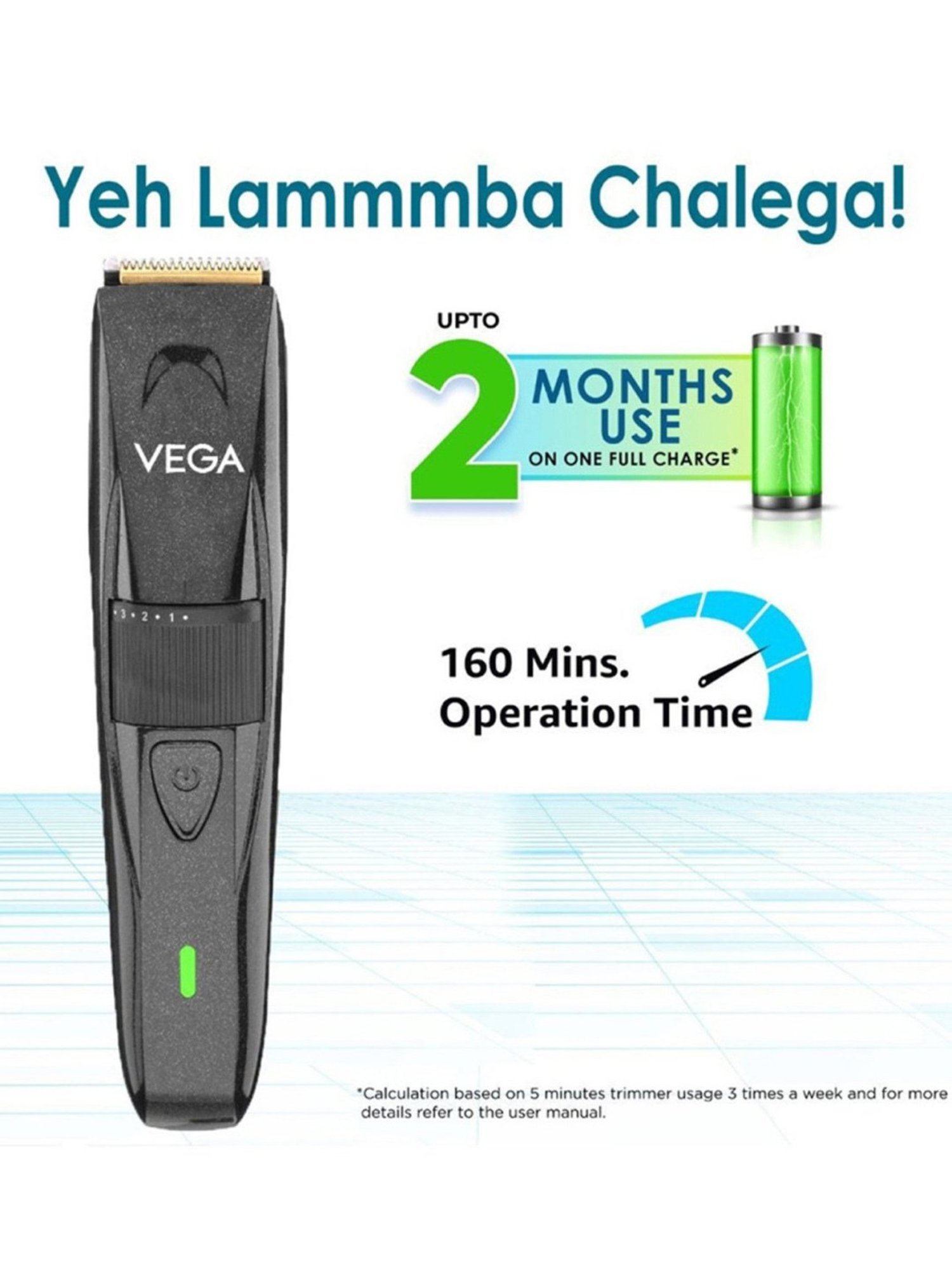 Vega P2 Beard Trimmer for Men with 160 Mins Runtime, Titanium Blades & 40 Length Settings (VHTH-26)