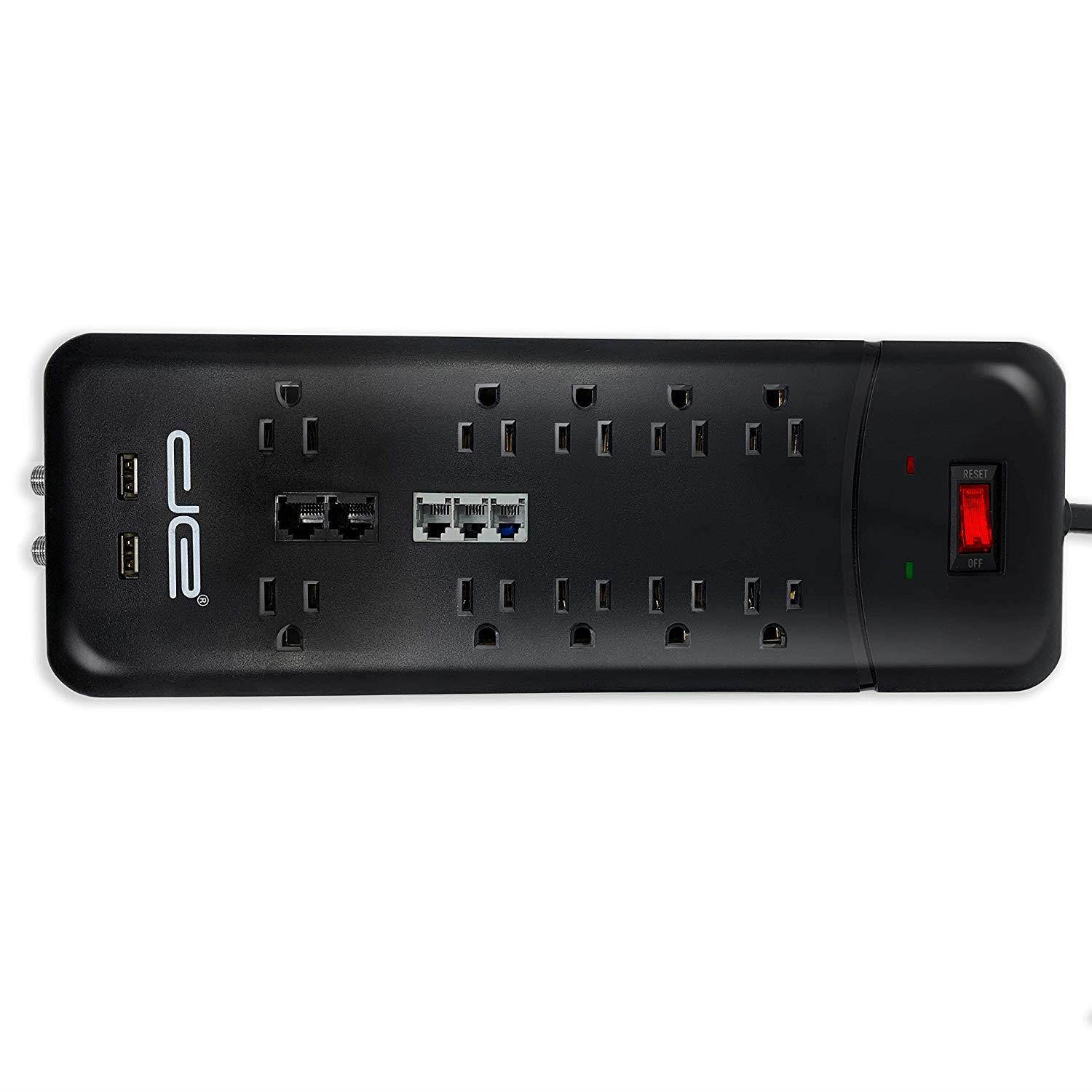 Digital Energy 15-ft Heavy Duty 10-Outlet 3500 Joules Surge Protector Power Strip, 15 Foot Long Extension Cord, Two USB Charging Ports, Coaxial, Phone Protection, ETL Listed. 15 AMP, Black