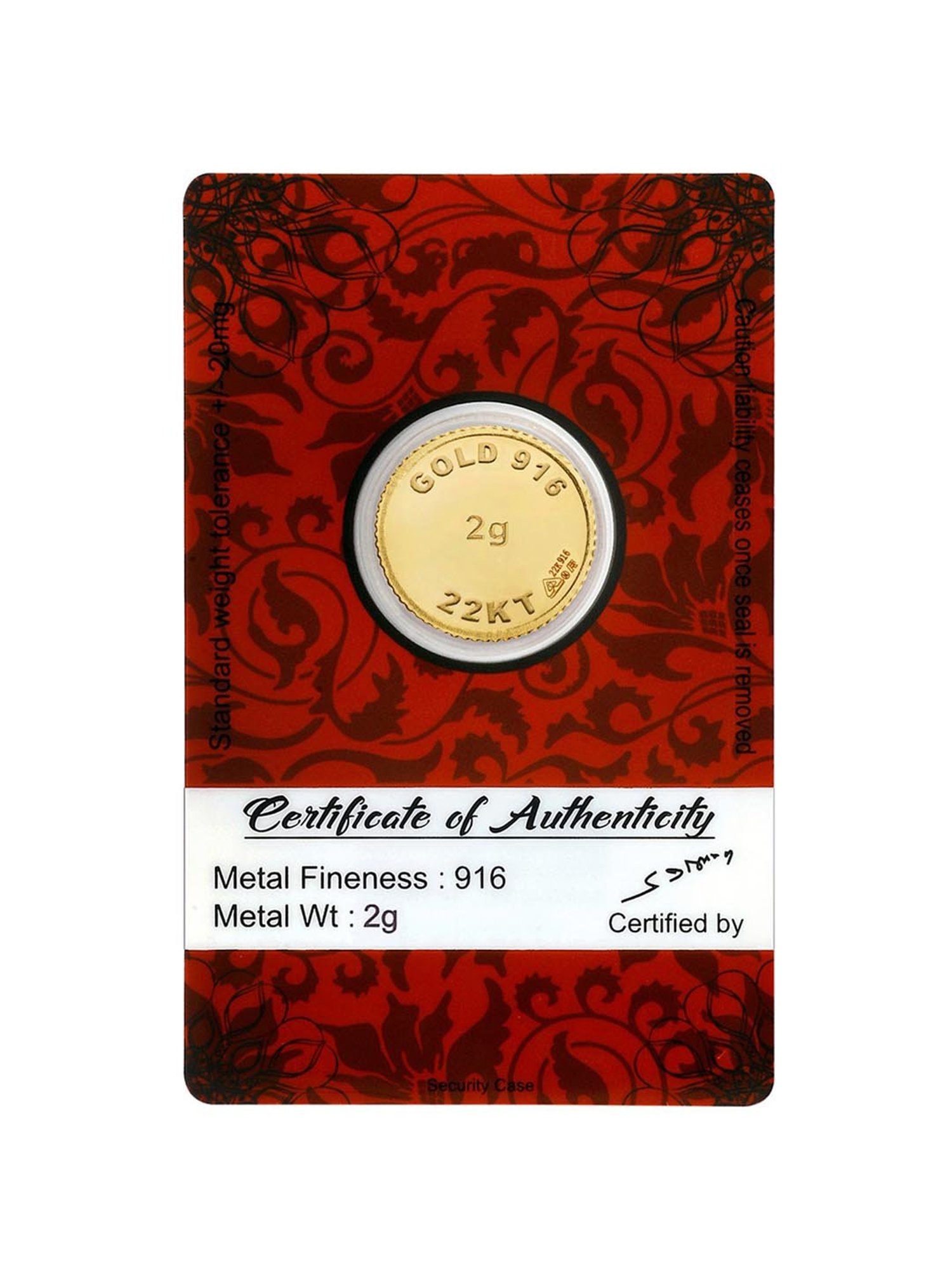 Bangalore Refinery Goddess Lakshmi 22k (916) 2gm Gold Coin