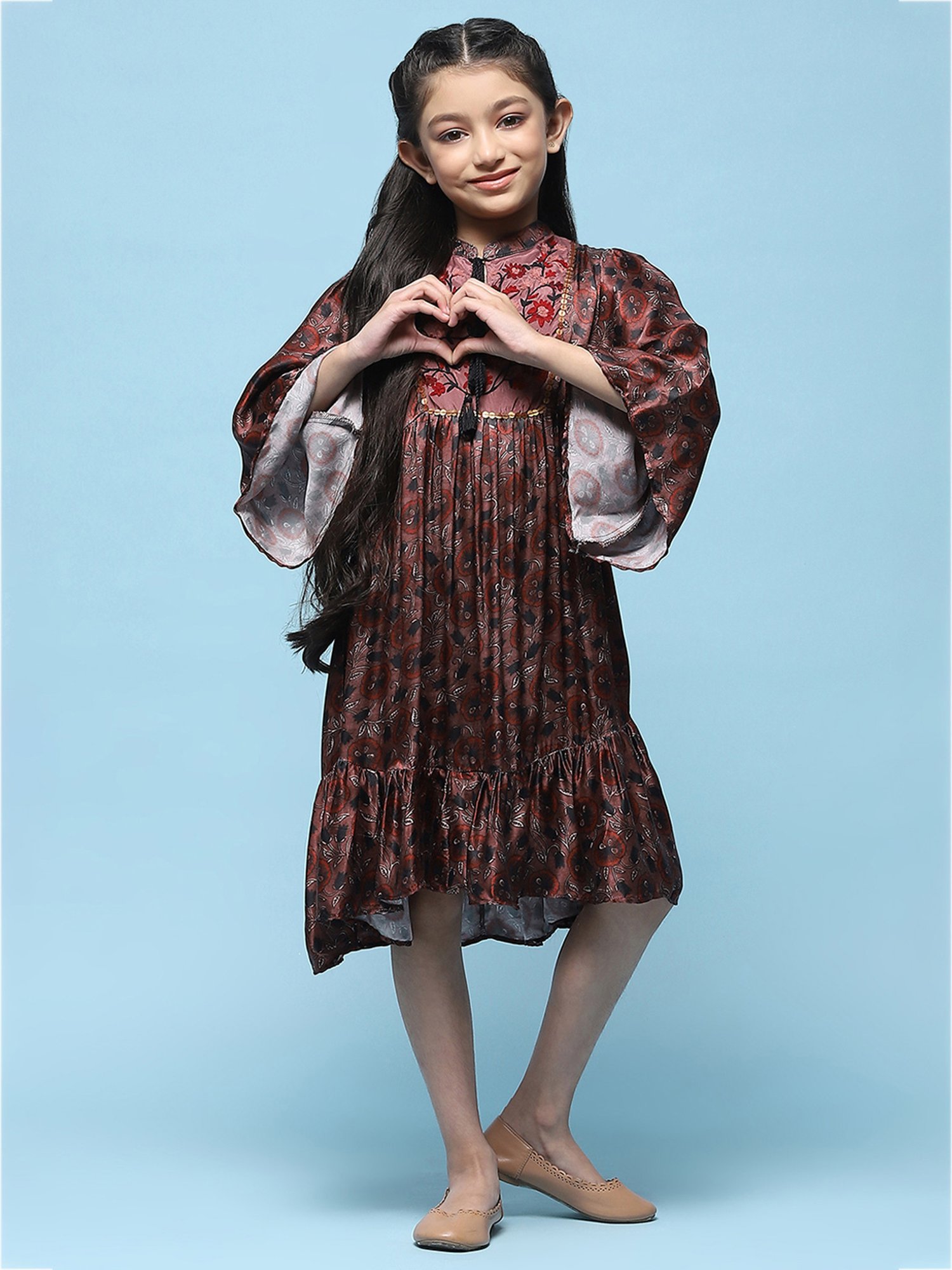 BIBA Girls Brown Embroidered Dress