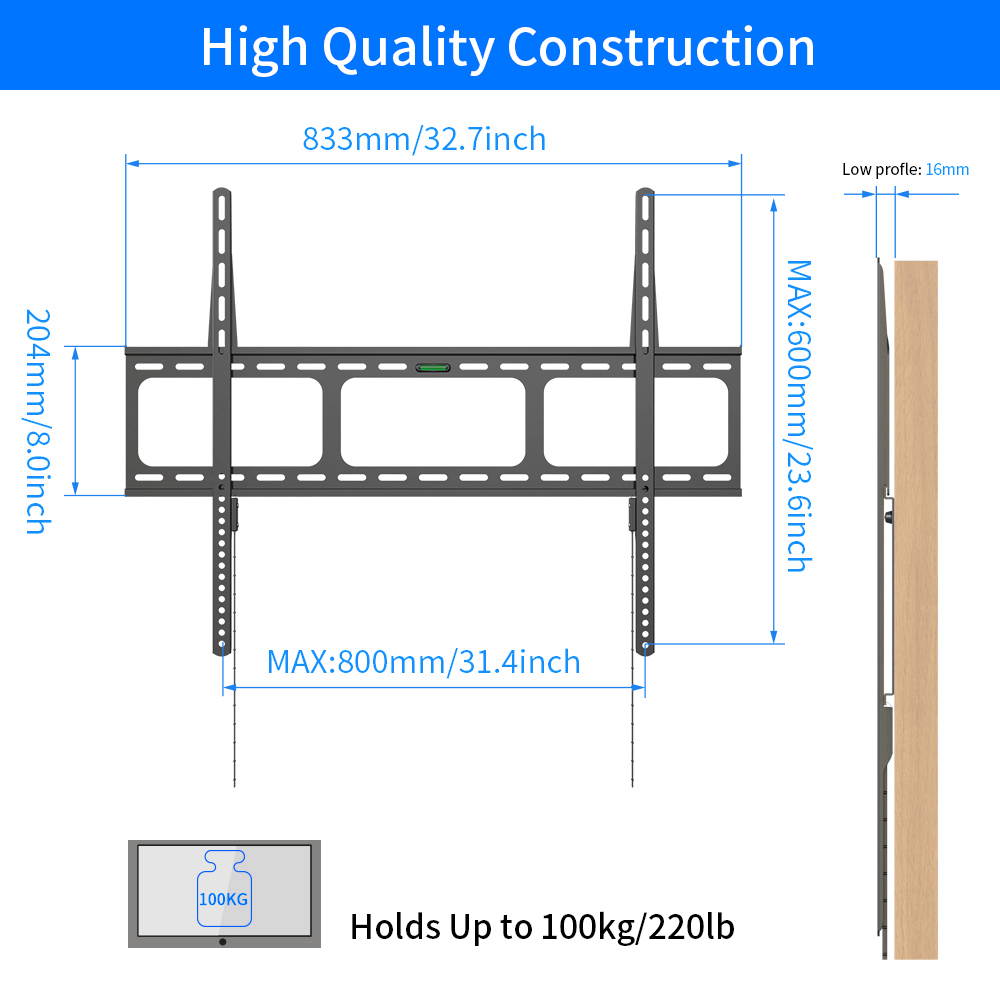 Fixed Heavy Duty Low Profile Flat Panel Wall Mount, Max Panel Weight 60kg Designed for Most of 40-100 inch LED, LCD, OLED Flat Panels, Supports up to VESA 800x600mm BIGASSMOUNT60 Amer Mounts