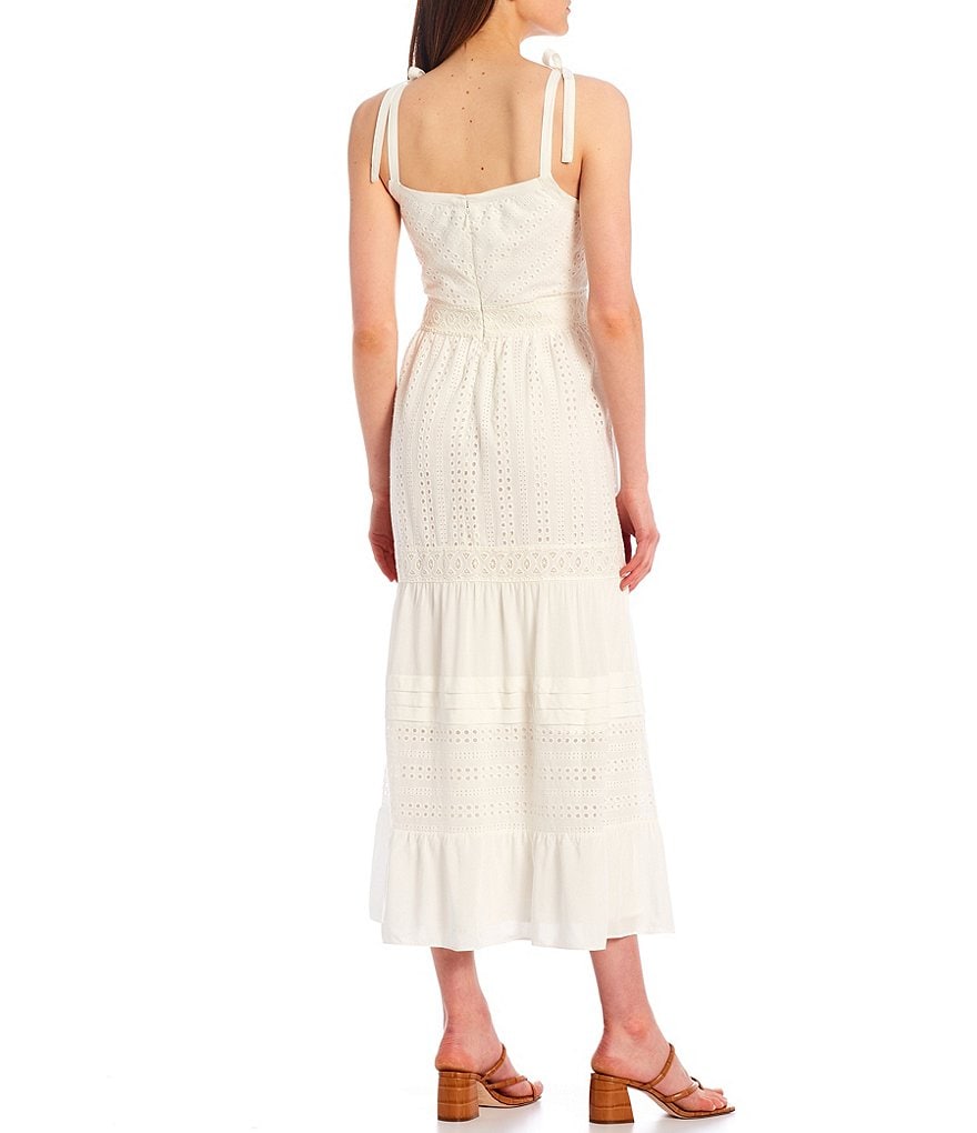 Adelyn Rae Tie Strap Cotton Eyelet Square Neck Sleeveless Midi Dress