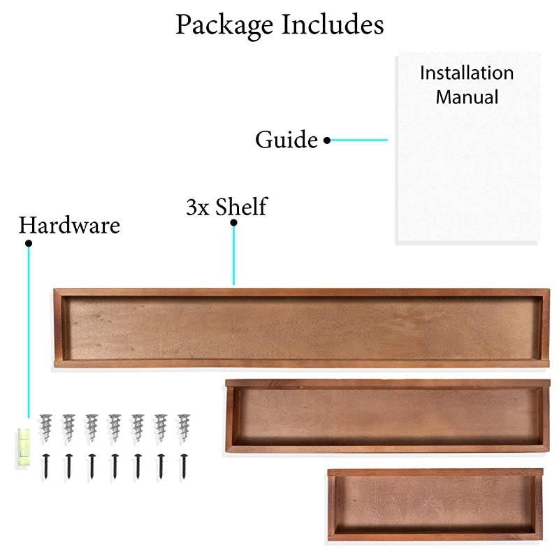 Philly Floating Shelves for Wall Wood Tray Bookshelf Set of 3 Walnut
