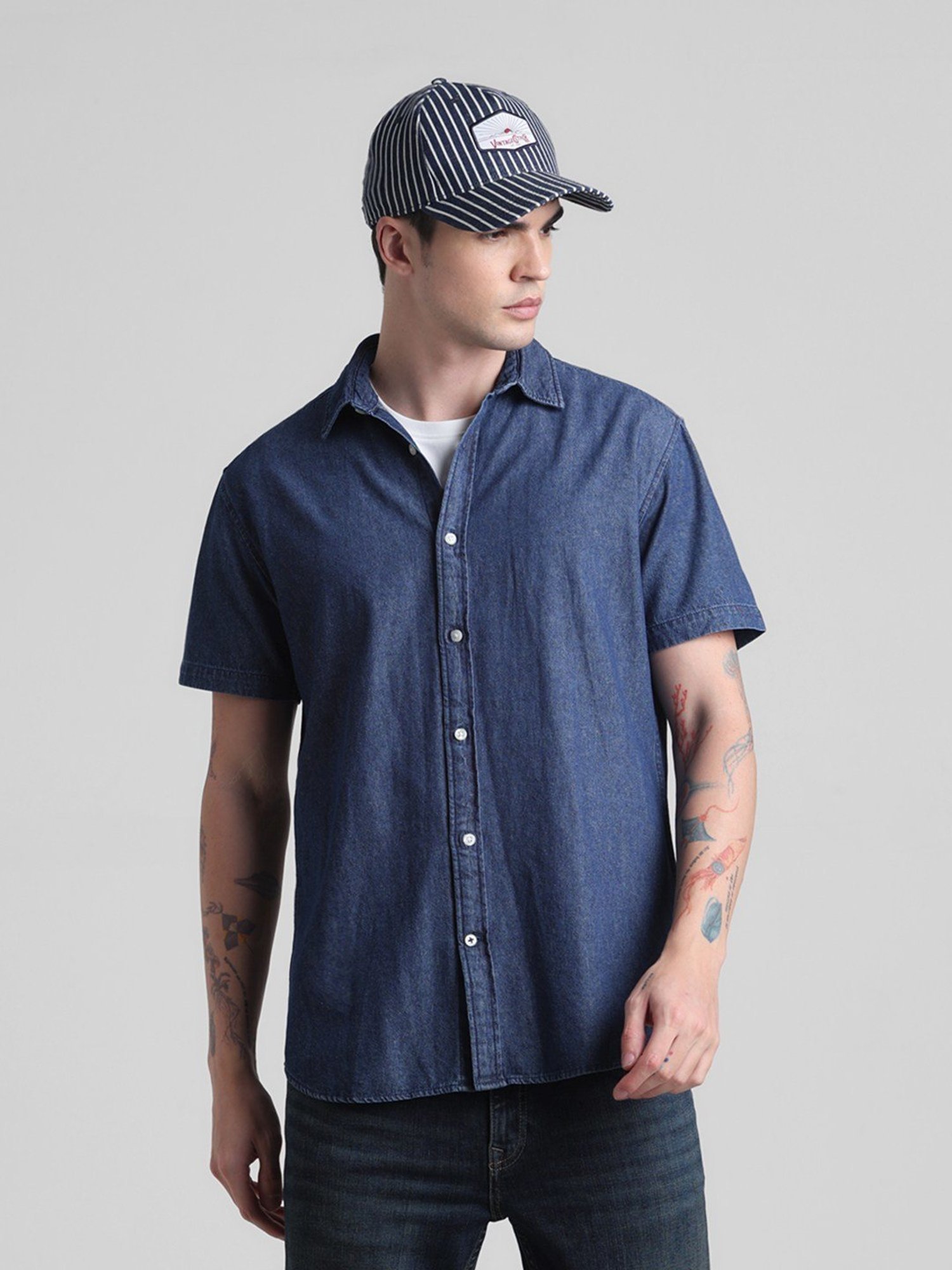 Jack & Jones Dark Blue Denim Cotton Regular Fit Denim Shirt