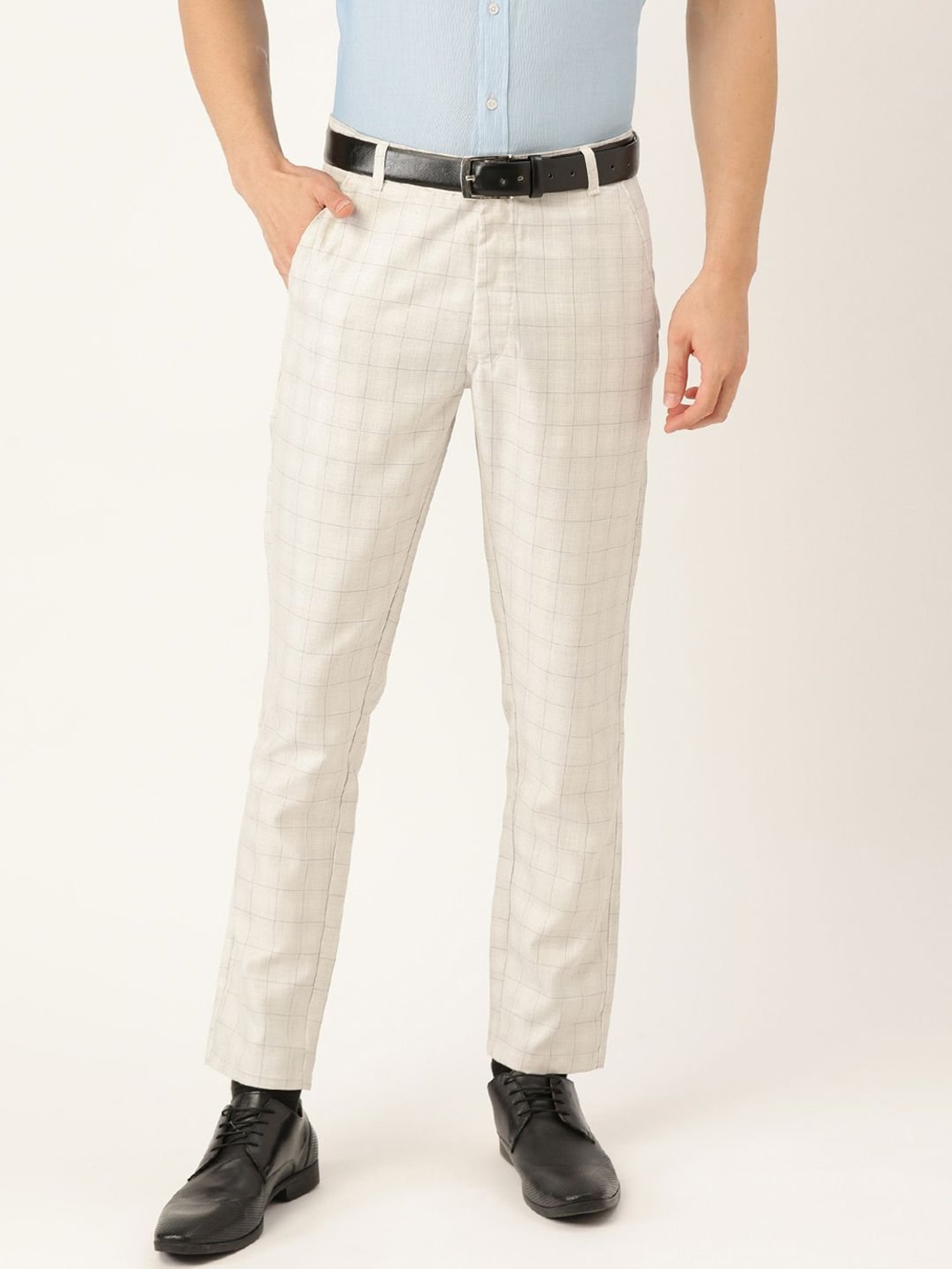 Sojanya Cream Cotton Regular Slim Fit Checks Flat Front Trousers