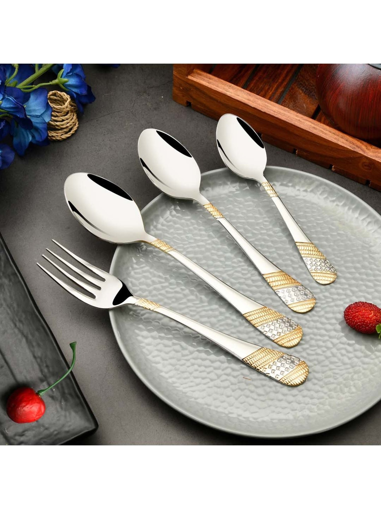 FnS Imperio Silver & Gold Stainless Steel Cutlery - Set of 24