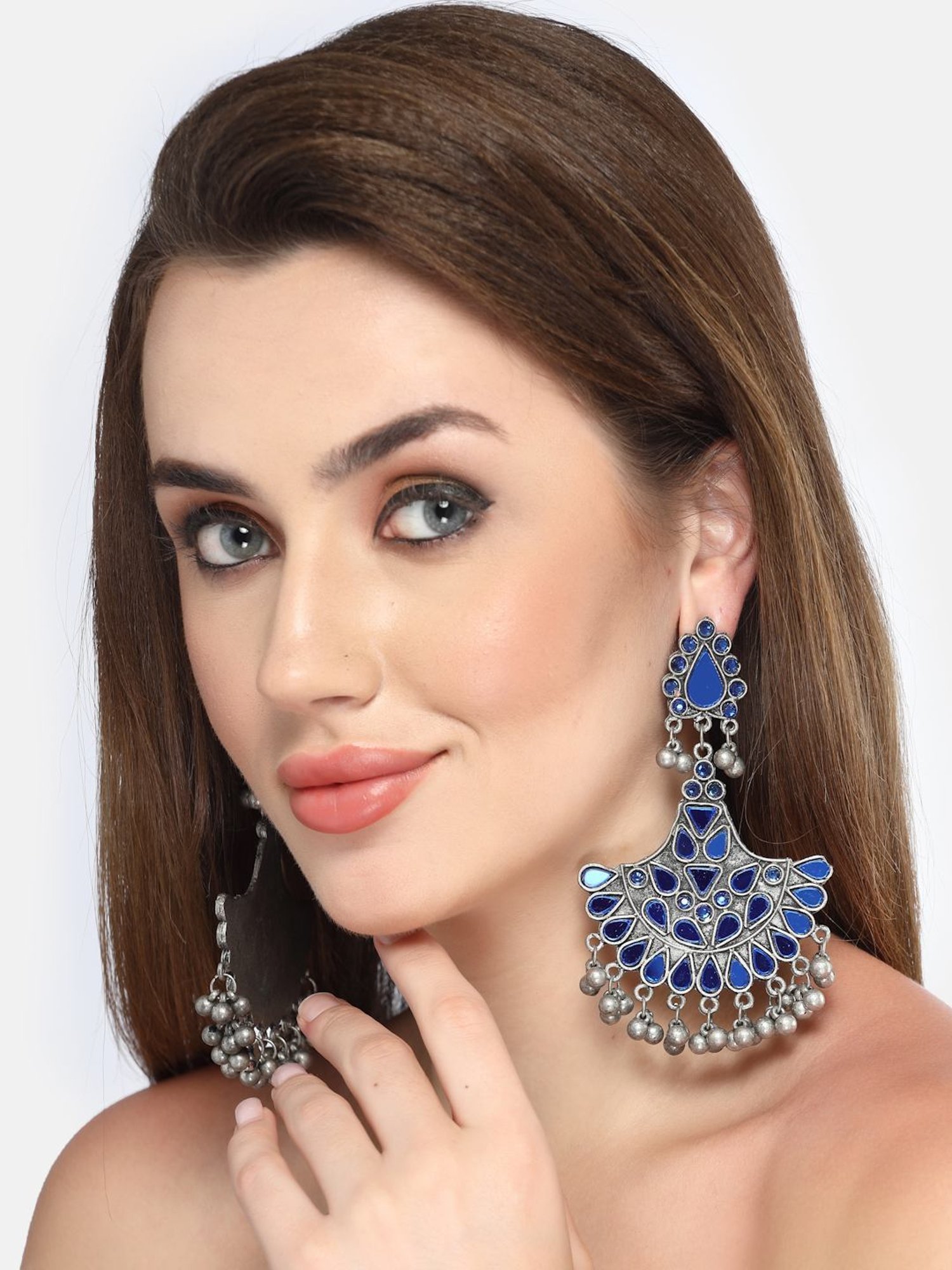 Moedbuille Mirrors and Ghungroo Afghan Tribal Design Oxidised Silver Plated Tassel Earrings