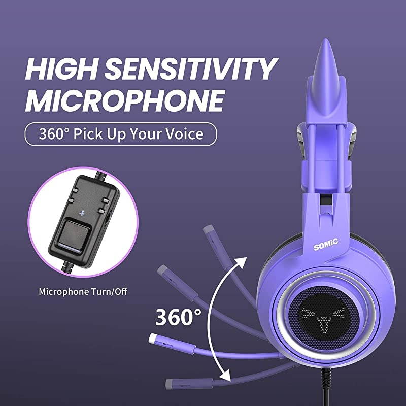 G951S Purple Stereo Gaming Headset with Mic for PS4 Xbox One PC Phone Detachable Cat Ear 35MM Noise Reduction Headphones Lightweight Computer Gaming Headphone SelfAdjusting Gamer Headsets