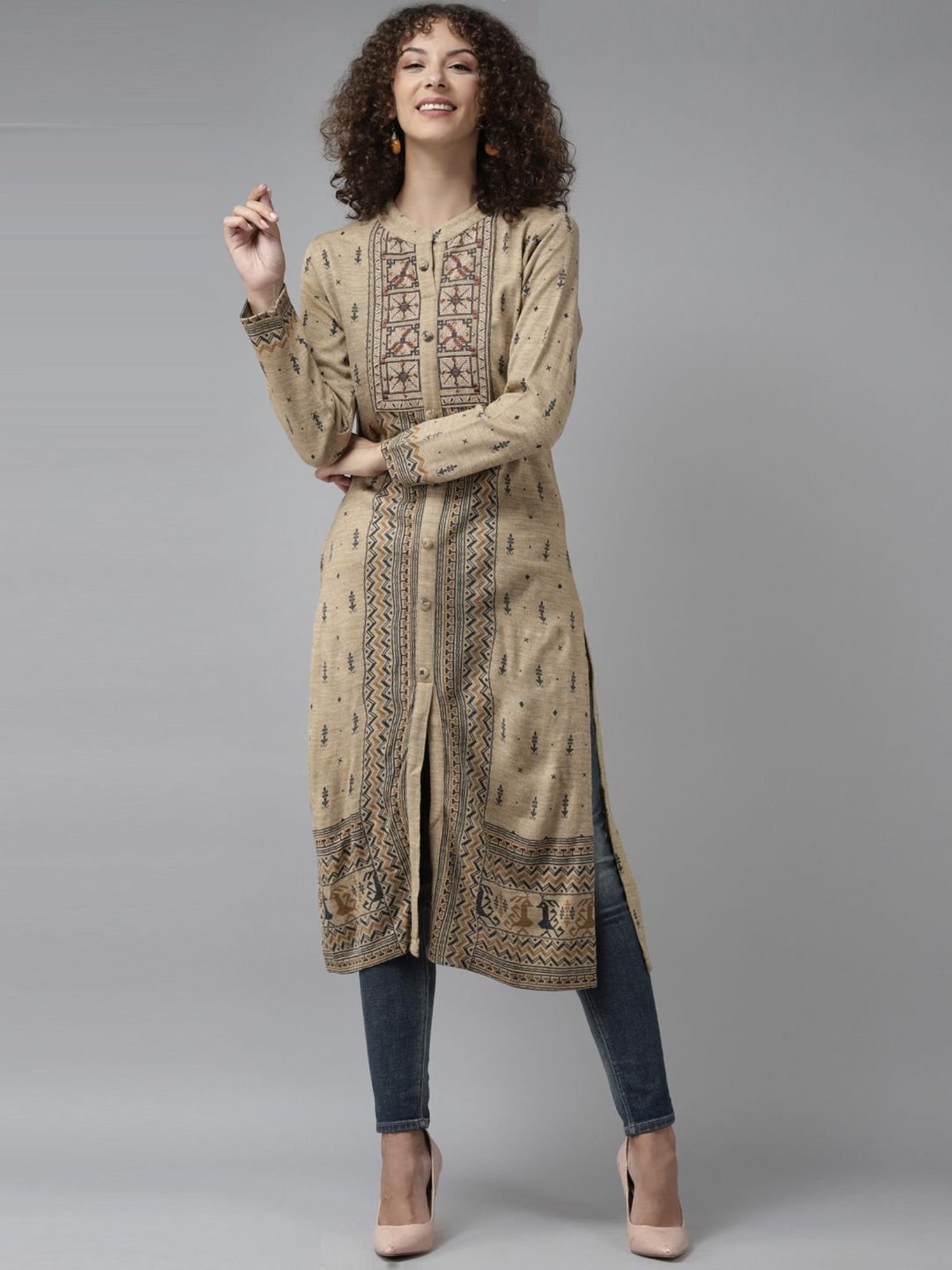 Cayman Beige Wool Embroidered Straight Kurta