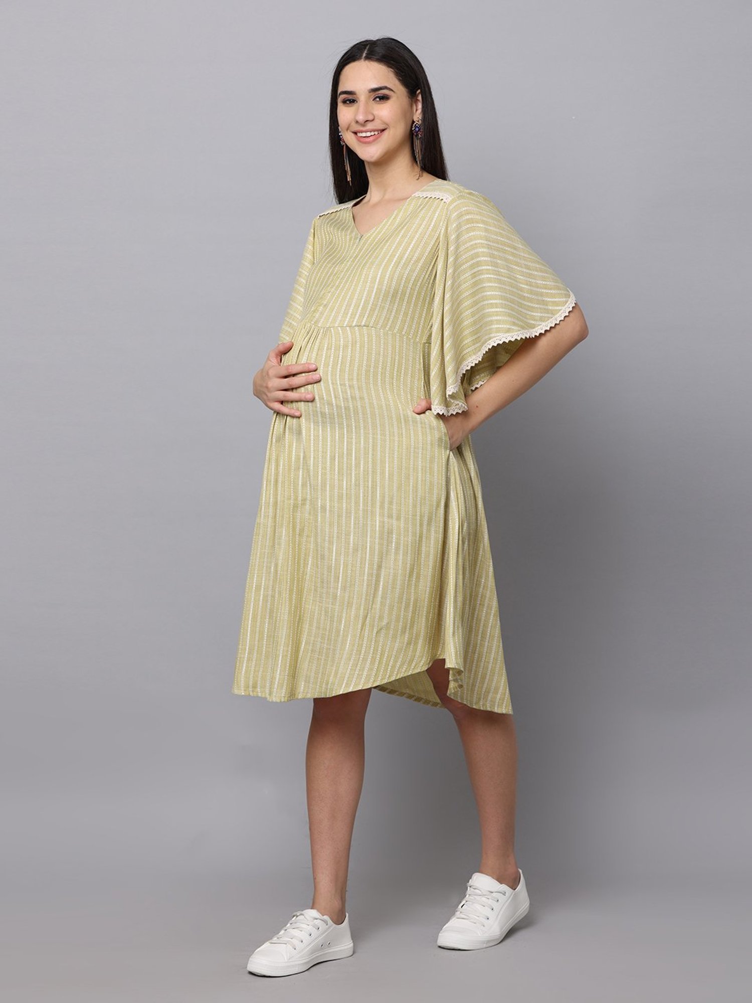 The Mom Store Mint Green Striped Maternity & Nursing Kurta Dress