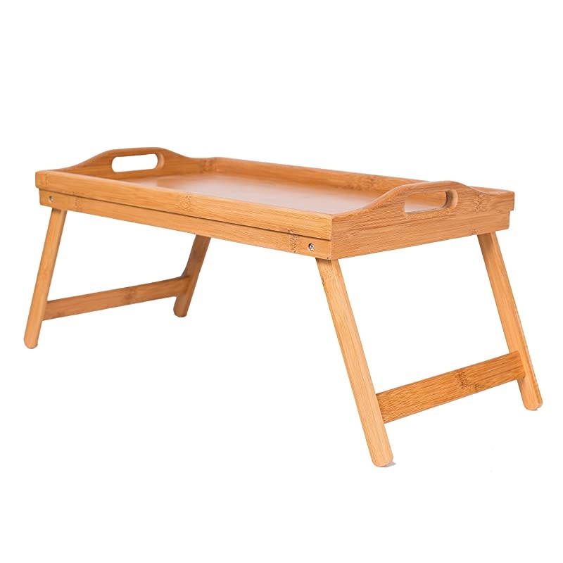 Lap Desk Bed Tray - Bamboo Table - Handles - Foldable Breakfast Serving Tray - Pull Down Legs - Portable Laptop Stand - Natural