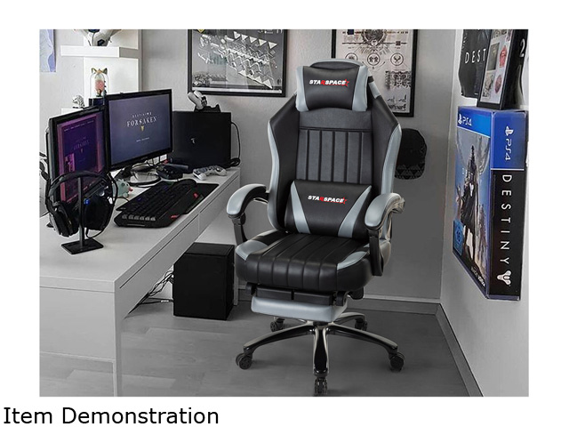 STRASPACE Big & Tall 400lb Memory Foam Reclining Gaming Chair Metal Base - Adjustable Back Angle and Retractable Footrest Ergonomic High-Back Leather Racing Executive Computer Desk Office Chair, Blue