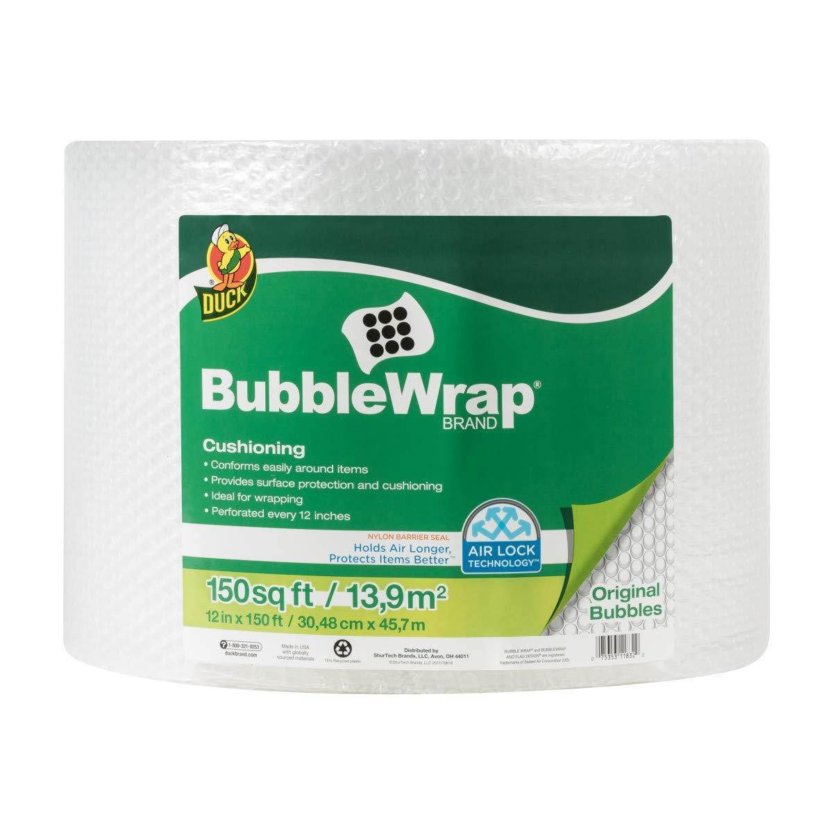 Duck Brand Bubble Wrap Roll, 3/16" Original Bubble Cushioning, 12" x 150', Perforated Every 12" (284054)