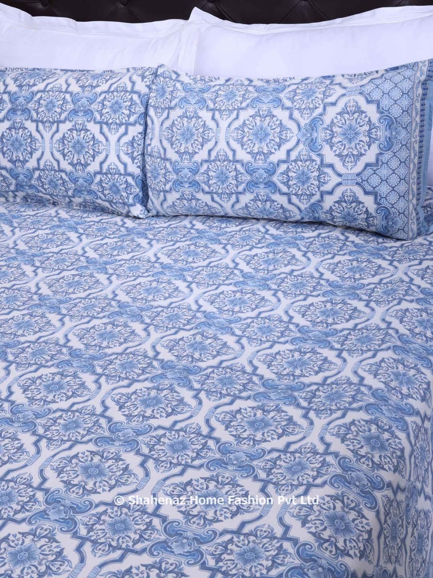 Shahenaz Blue 120 TC Cotton Nandini Double Bedsheet with 2 Pillow Covers