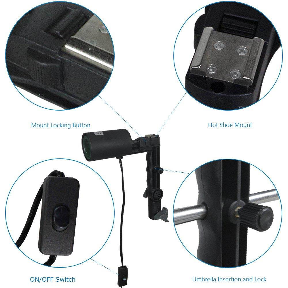 LimoStudio Single Head Photo Bulb Socket with Flash Bracket E26 / E27 Standard Base Size, Flash Lock Button, Umbrella Reflector Insert, Light Stand Tripod, Carry Bag, Photo Studio, AGG2048