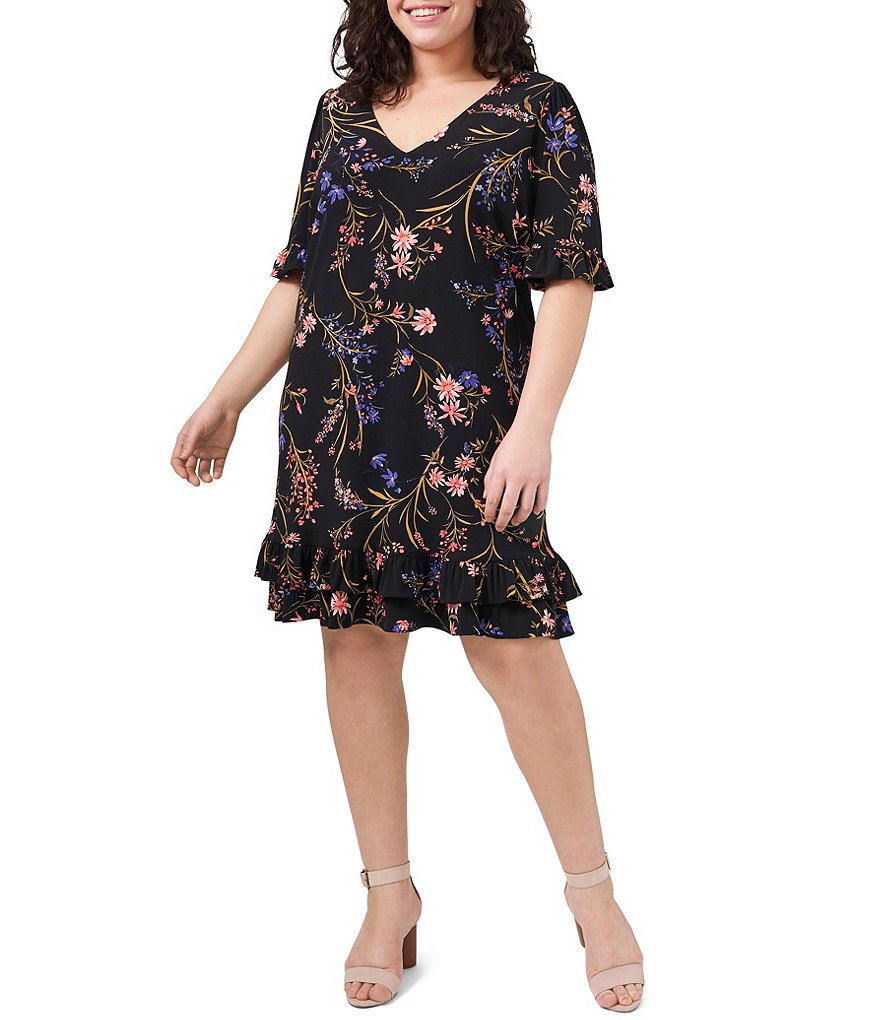CeCe Plus Size V-Neck Ruffled Short Sleeve Floral Knit Dress