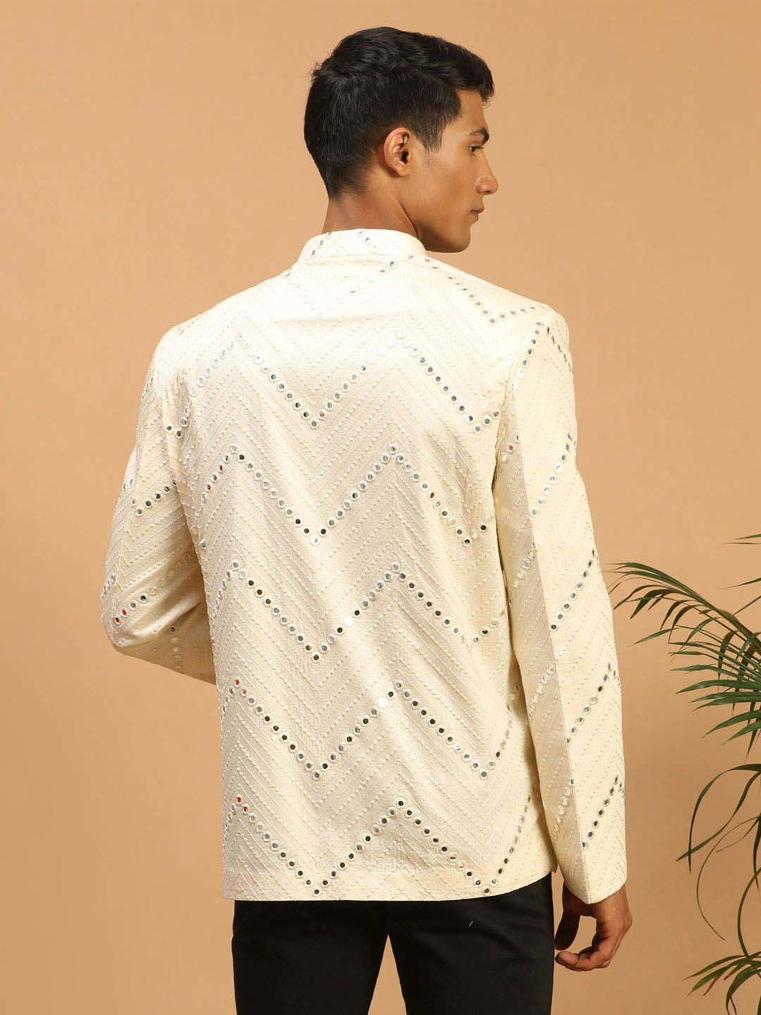 Vastramay Cream Regular Fit Embellished Ethnic Blazer