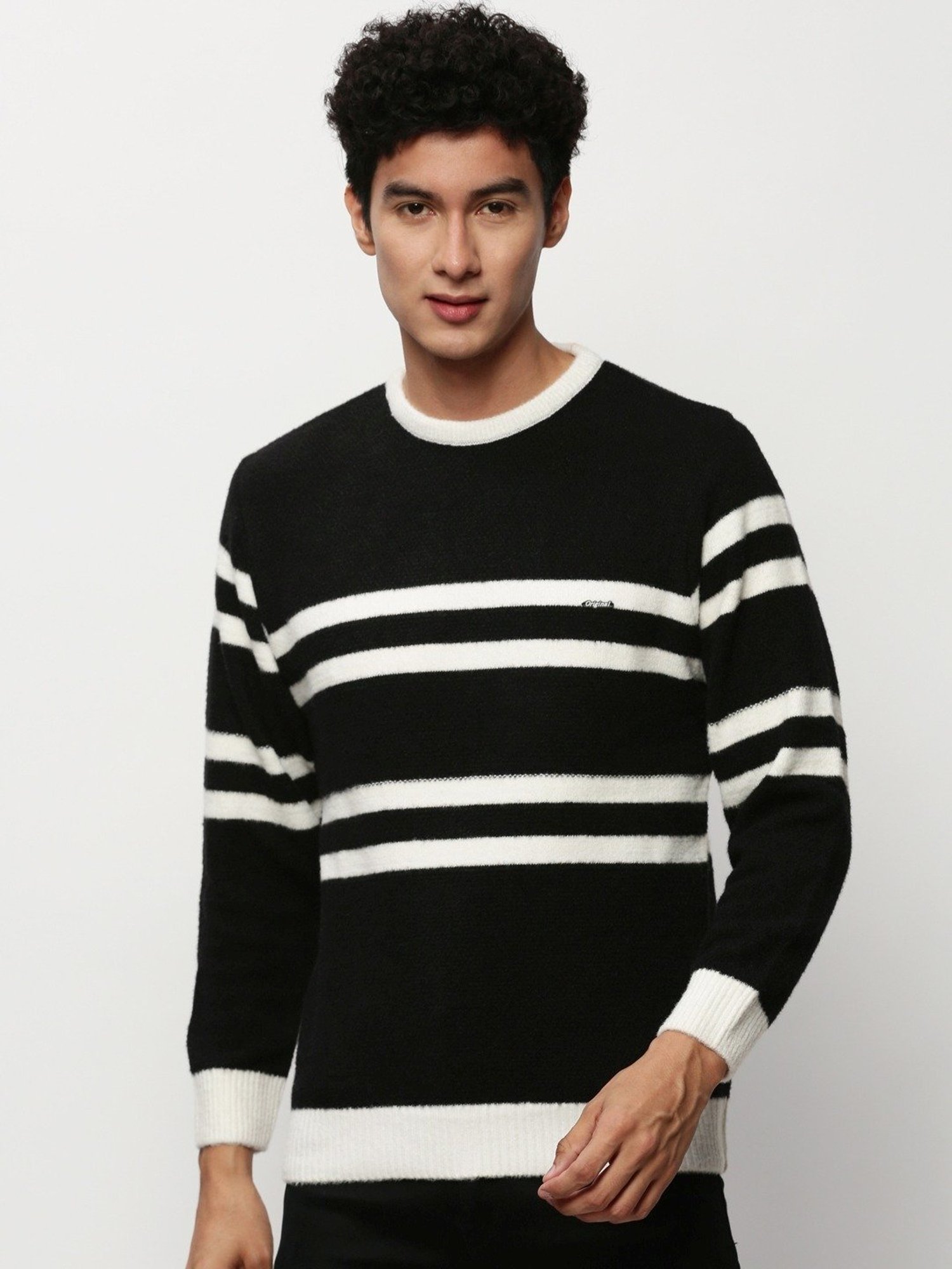 SHOWOFF Black Slim Fit Striped Sweater