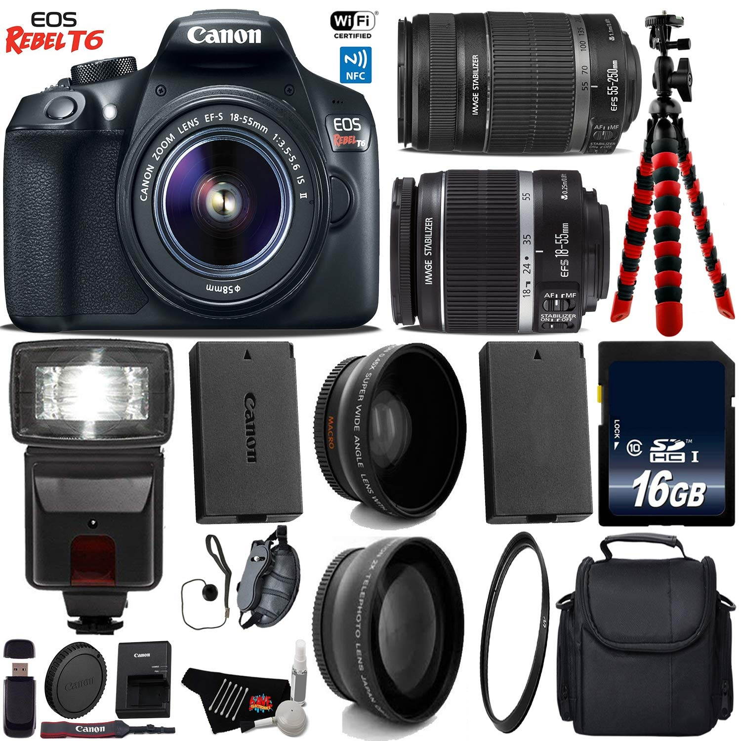 Canon EOS Rebel T6 DSLR Camera with 18-55mm IS Lens & 55-250mm IS II Lens + Flash + UV FLD CPL Filter Kit + Wide Angle & Telephoto Lens + Camera Case + Tripod + Card Reader + Bundle (Intl Model)