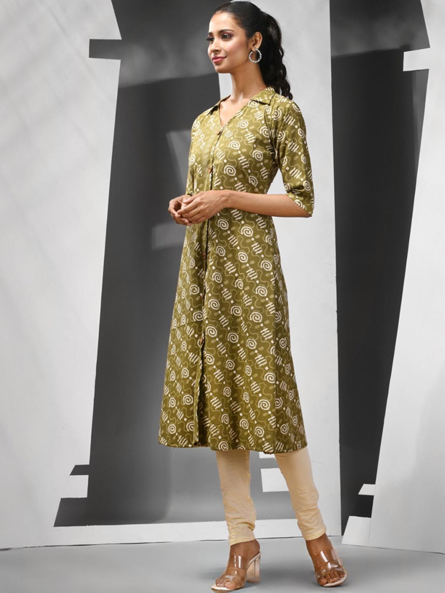 CHARUKRITI Green Cotton Printed A Line Kurta