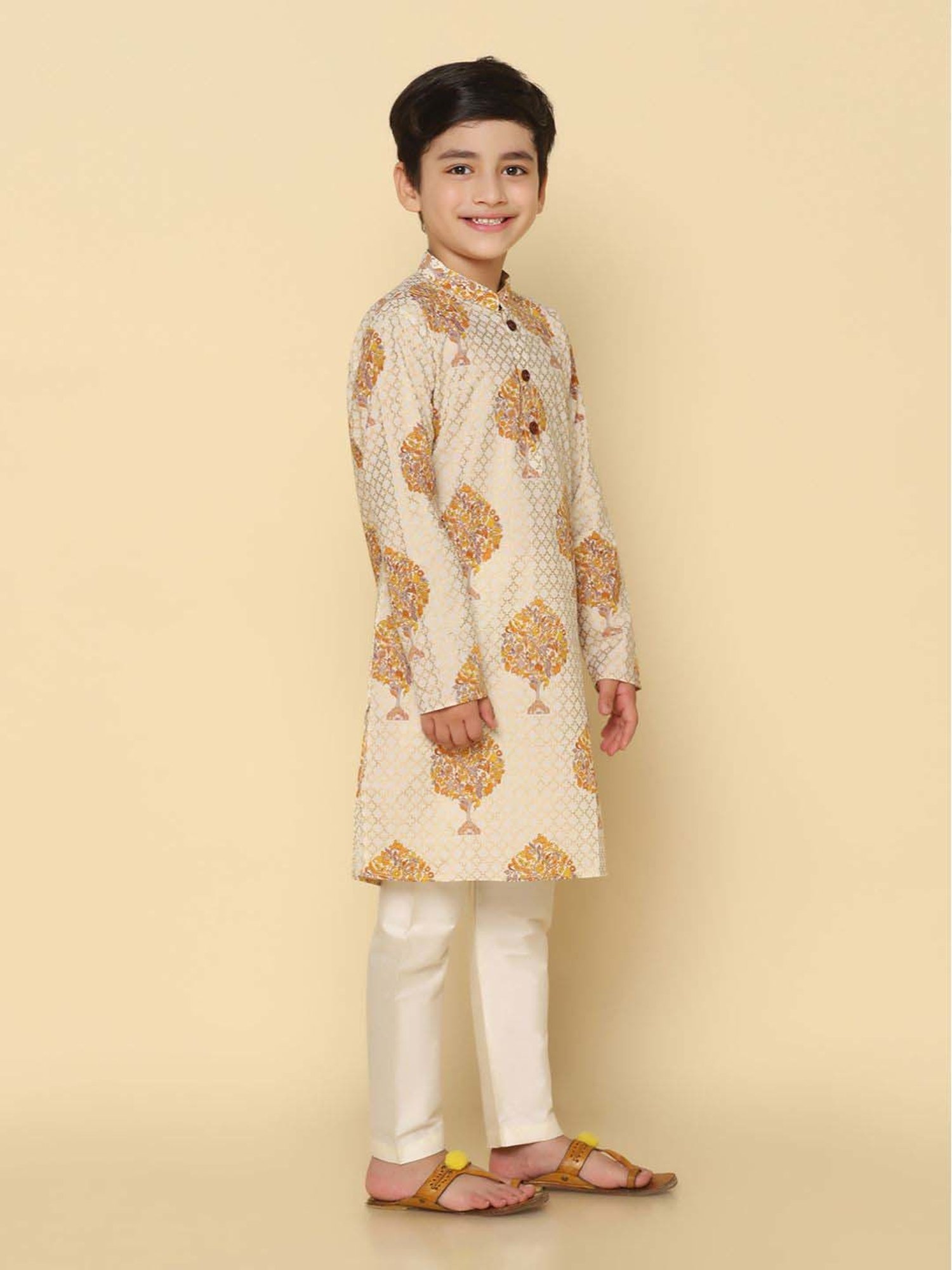 KISAH Kids White & Golden Printed Full Sleeves Kurta Set