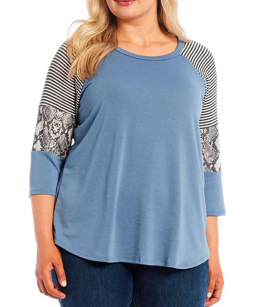 Moa Moa Plus Size Colorblock Snake Stripe Round Neck Raglan 3/4 Sleeve Top