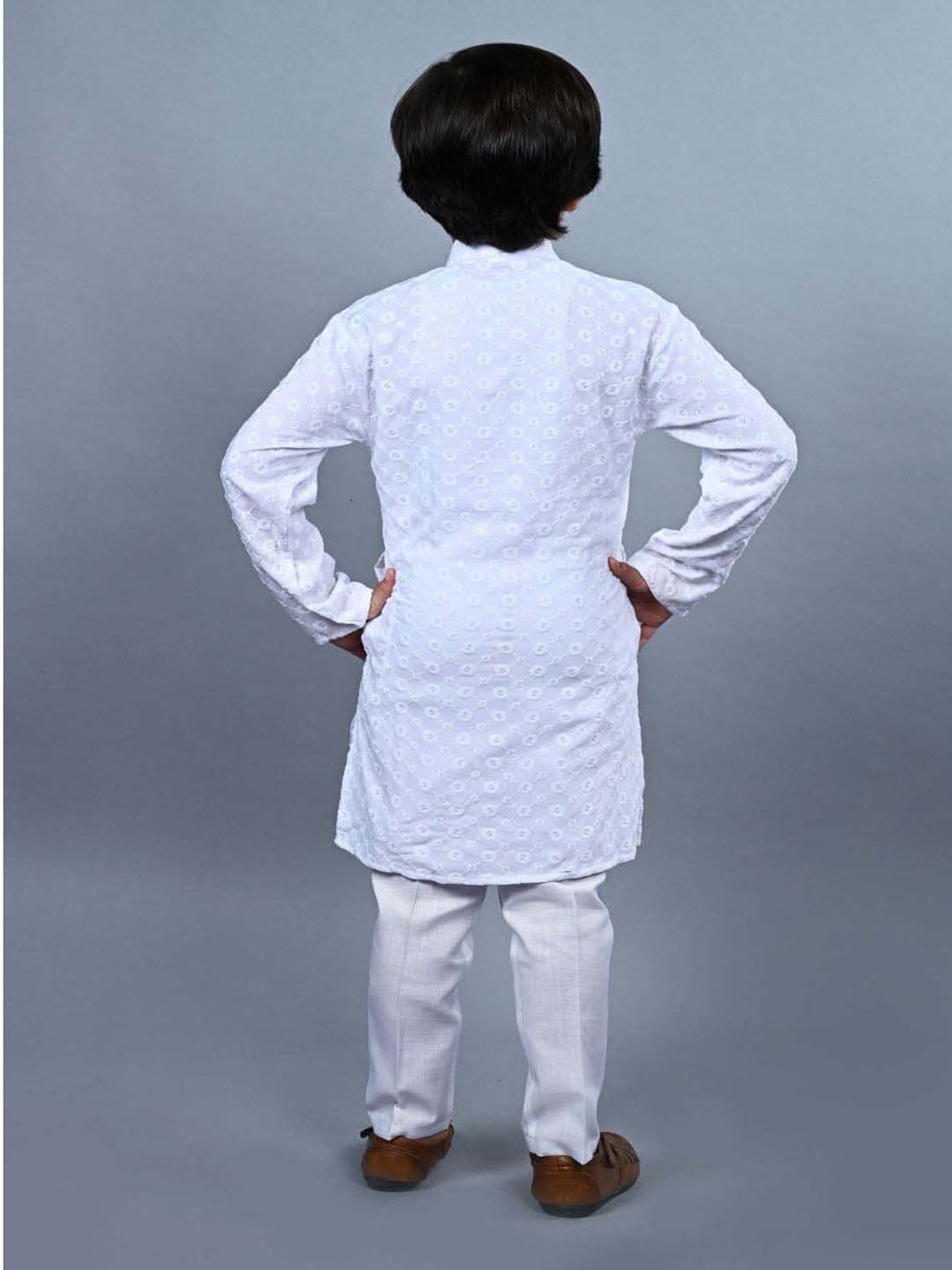 Ahhaaaa Kids Blue & White Cotton Embroidered Full Sleeves Kurta Set