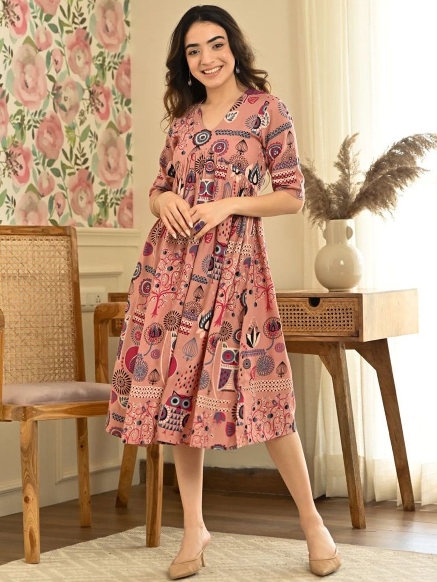 Rustorange Pink Printed A-Line Dress