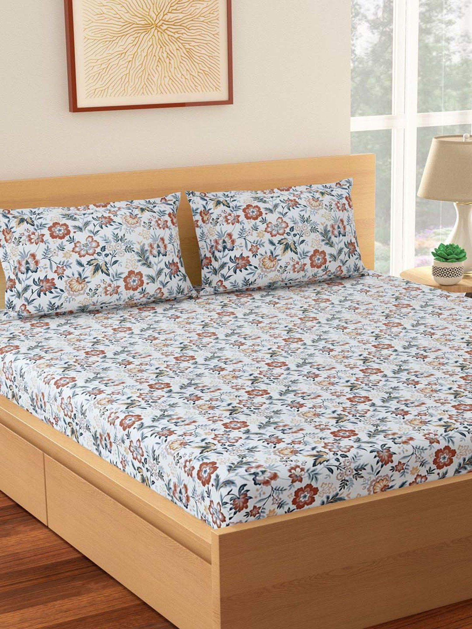 Living Scapes by Pantaloons Multicolor Cotton 144 TC King Bed Sheet with 2 Pillow Covers