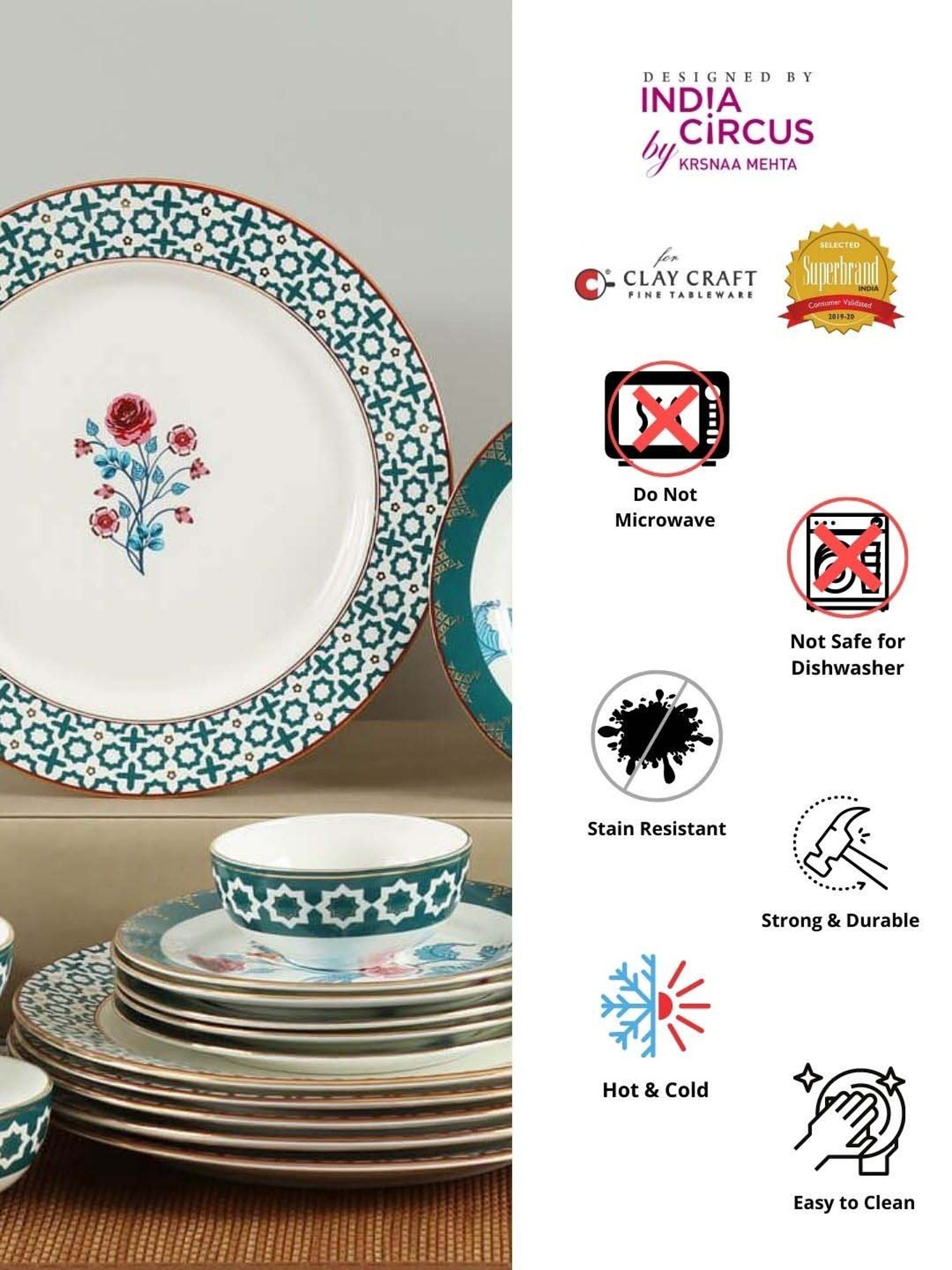 India Circus Teal Blue Ceramic Dinner Set