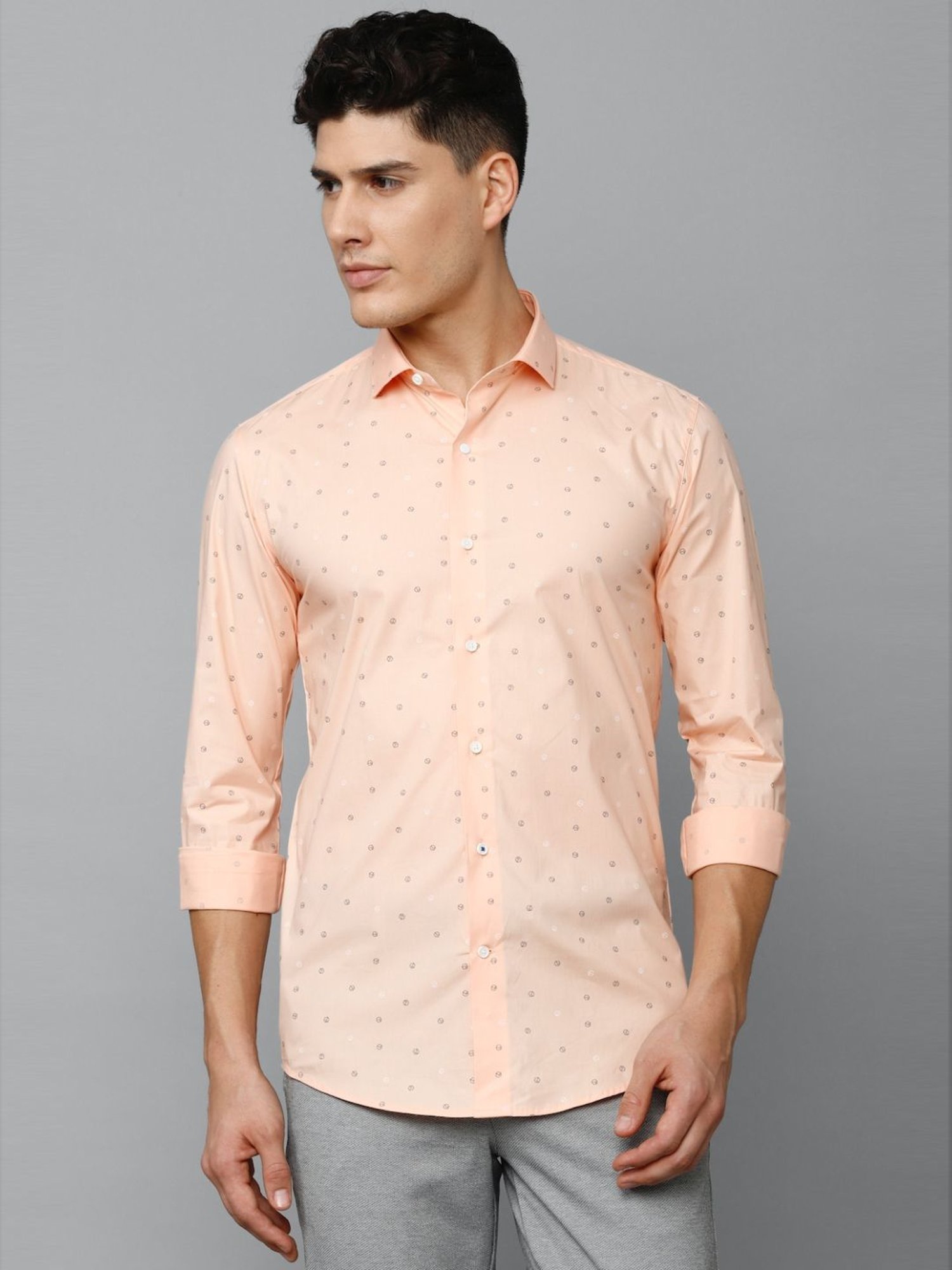 Louis Philippe Sport Peach Cotton Slim Fit Printed Shirt
