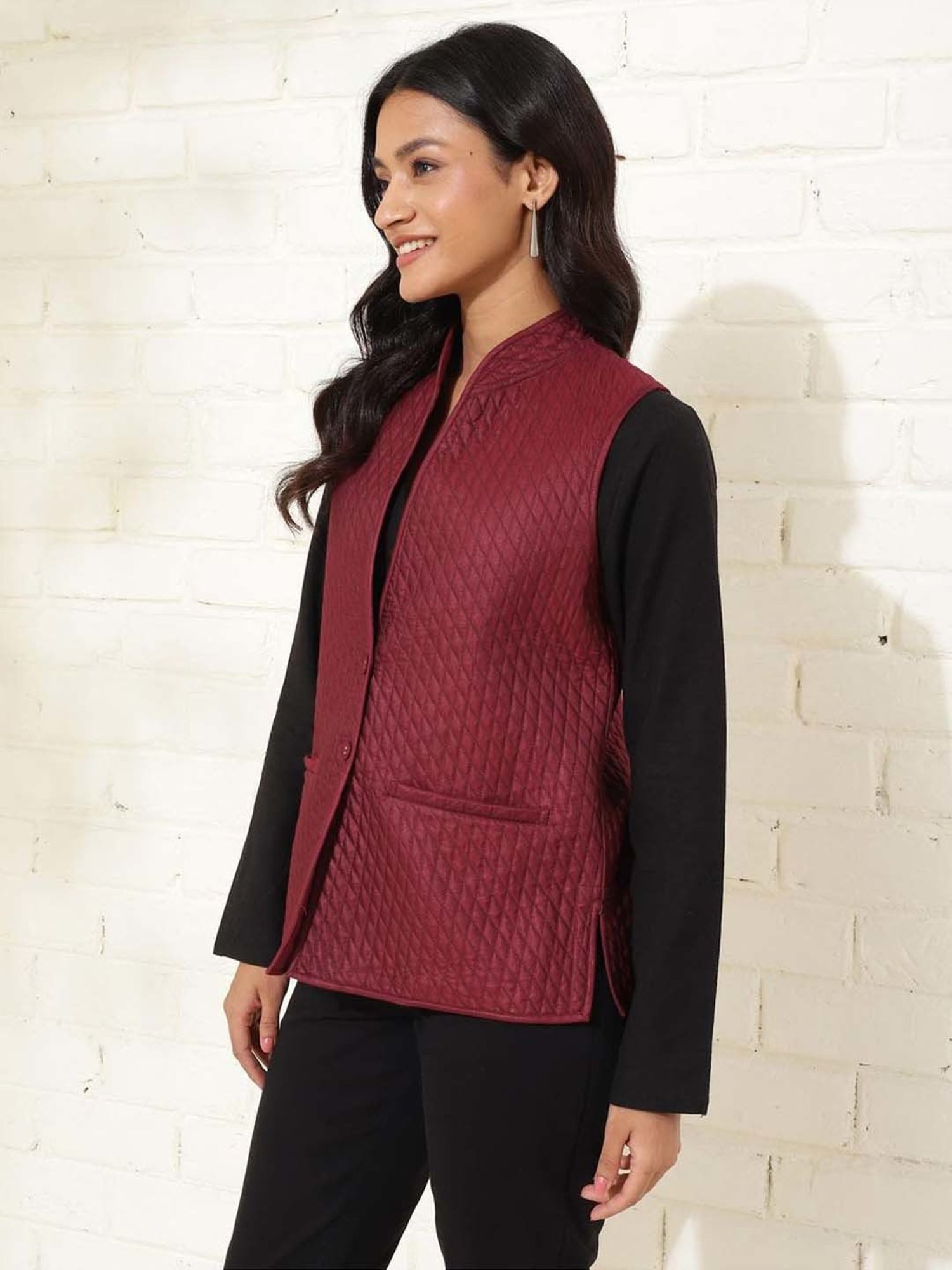Fabindia Maroon Quilted Nehru Jacket