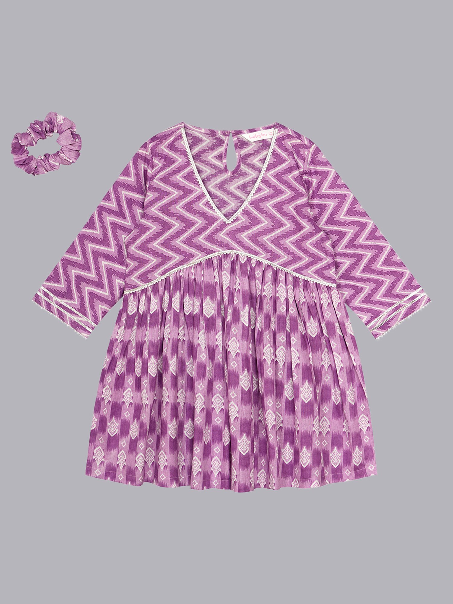 Budding Bees Girls Purple Printed Top, Pants & Scrunchies