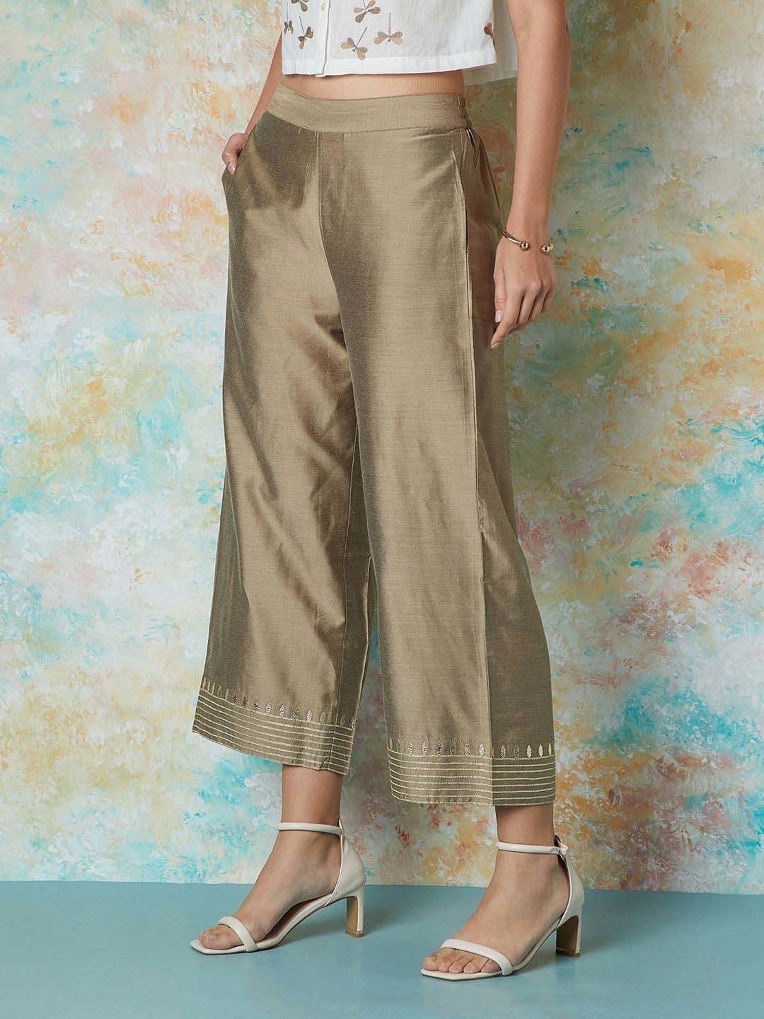 Melange by Lifestyle Beige Embroidered Palazzos