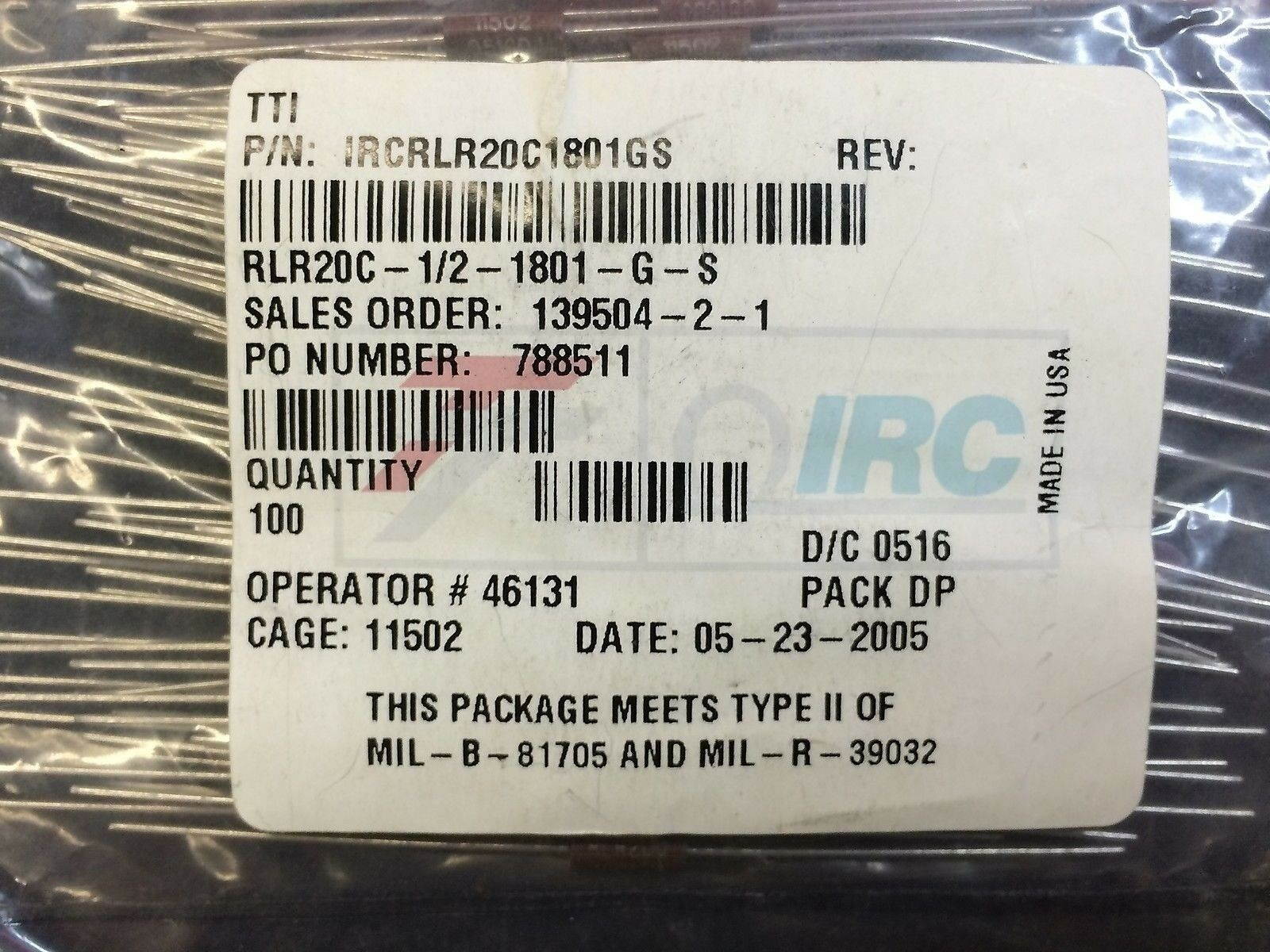 IRC RLR20C1801GS Res Metal Glaze 1.8K Ohm 2% 0.5W QTY: 20
