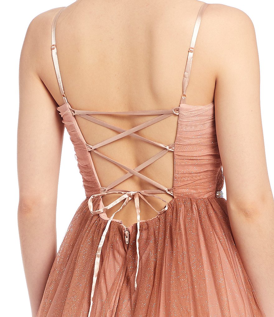 Teeze Me Spaghetti Strap Notch Square-Neck Lace-Up Back Ombre Beaded Waist Mesh Ball Gown