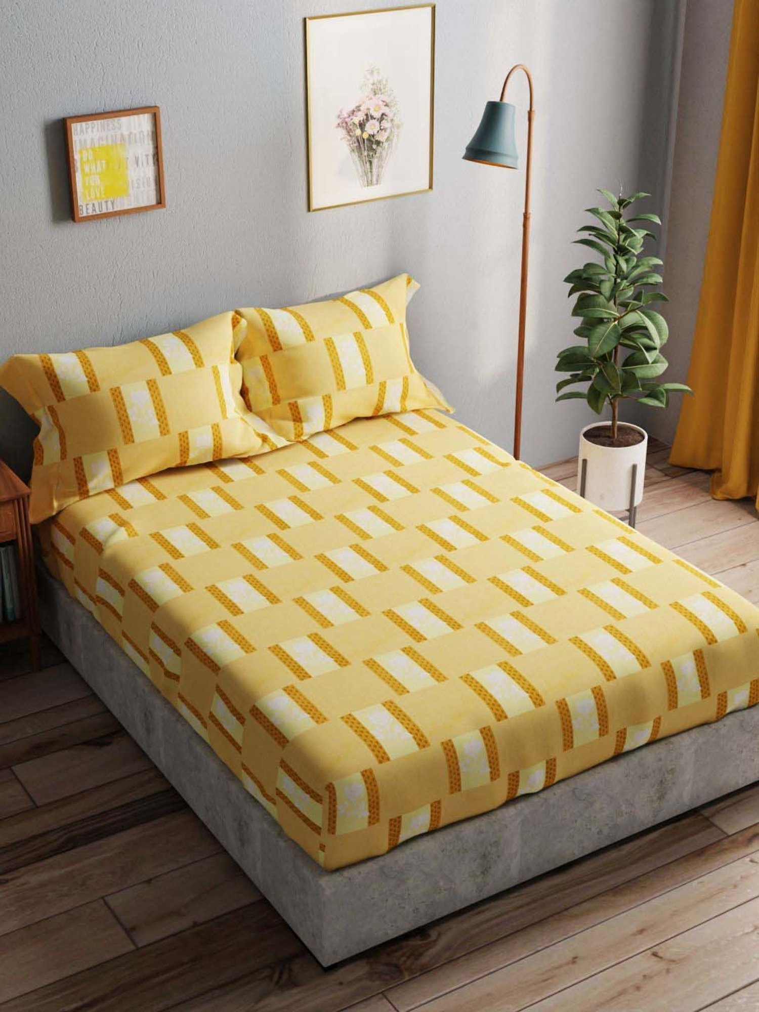Bianca Amolina Mustard 135 TC Cotton Double Bedsheet with 2 Pillow Covers