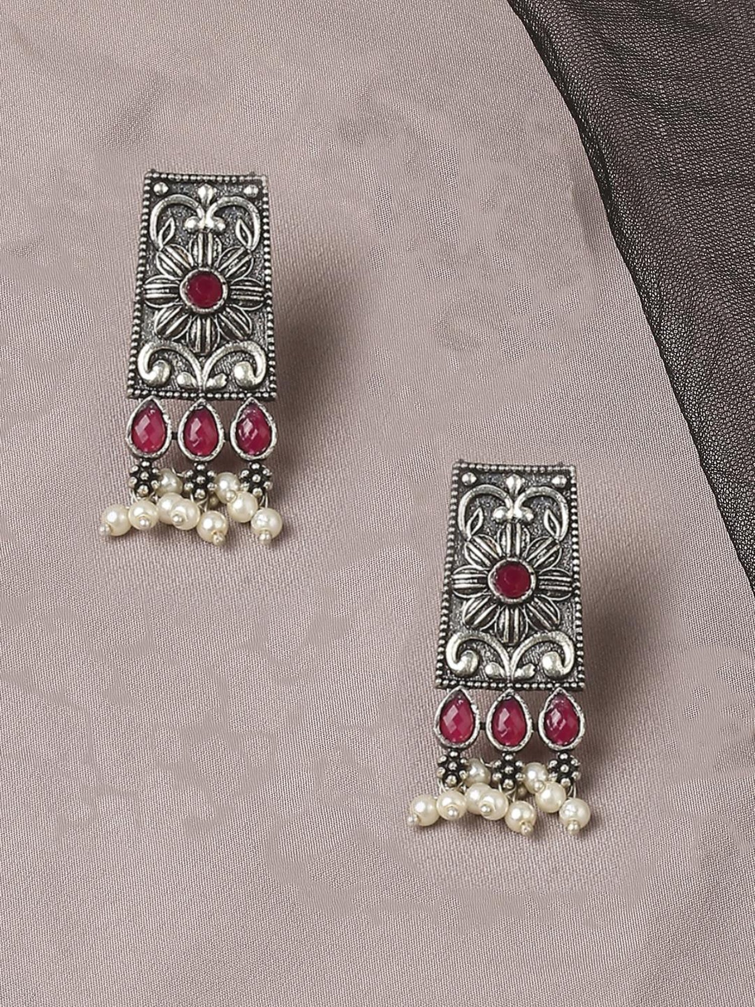 OOMPH Jewellery Oxidized Silver Look Alike Maroon & Pearls Geometric Floral Design Stud