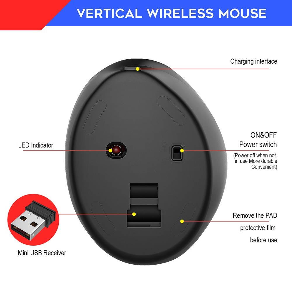HXSJ 7D Wireless Mouse 2.4GHz Gaming Mouse Ergonomic Design Vertical Mouse 2400DPI USB Mice For Laptop PC