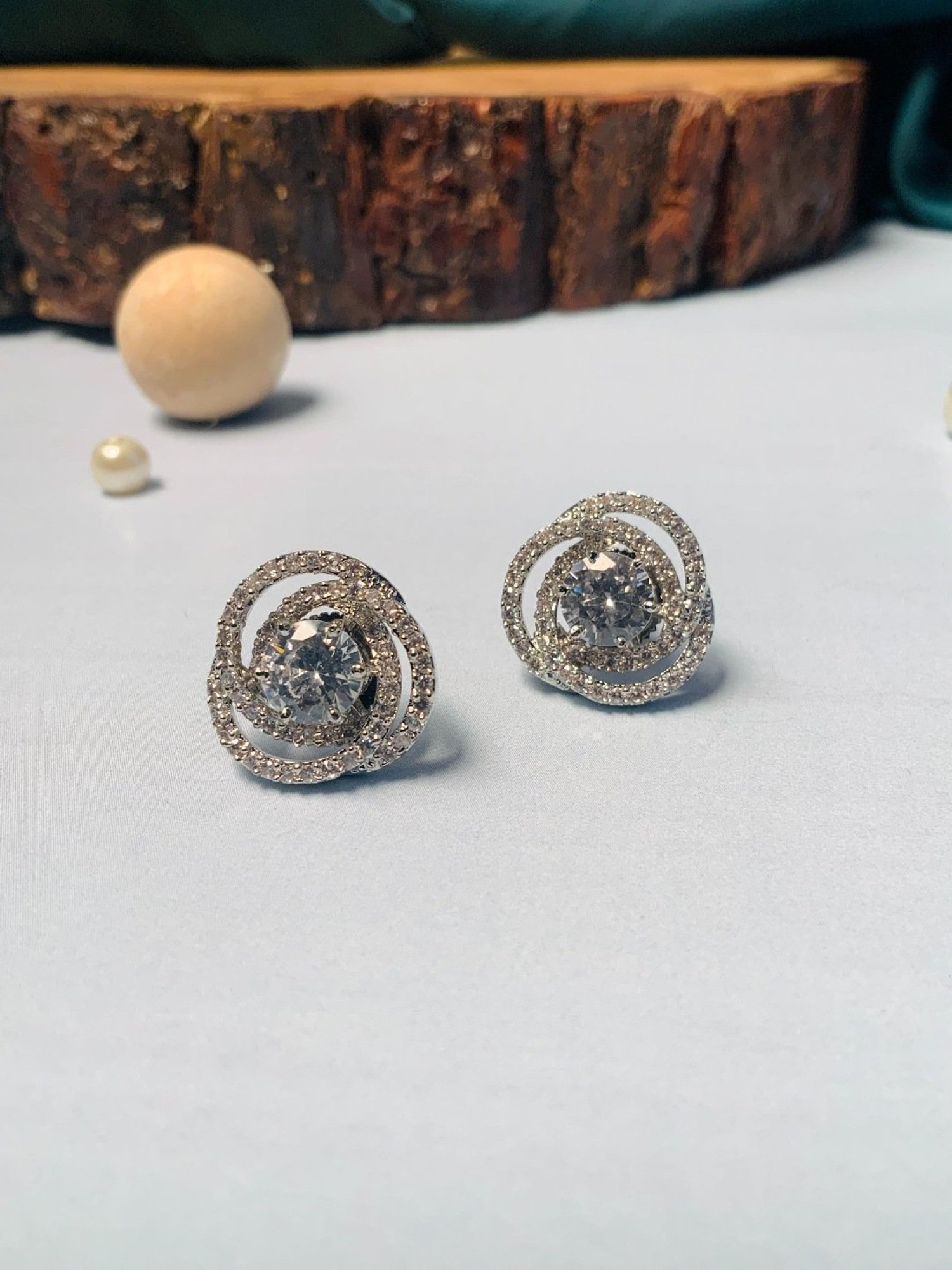 Abdesigns Shiney Silver Plated American Diamond Stud Earrings